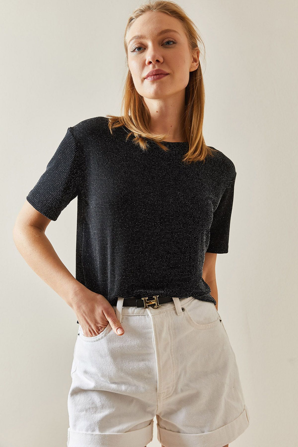 XHAN-Black Crew Neck Glitter T-Shirt 4KXK1-47901-02 5