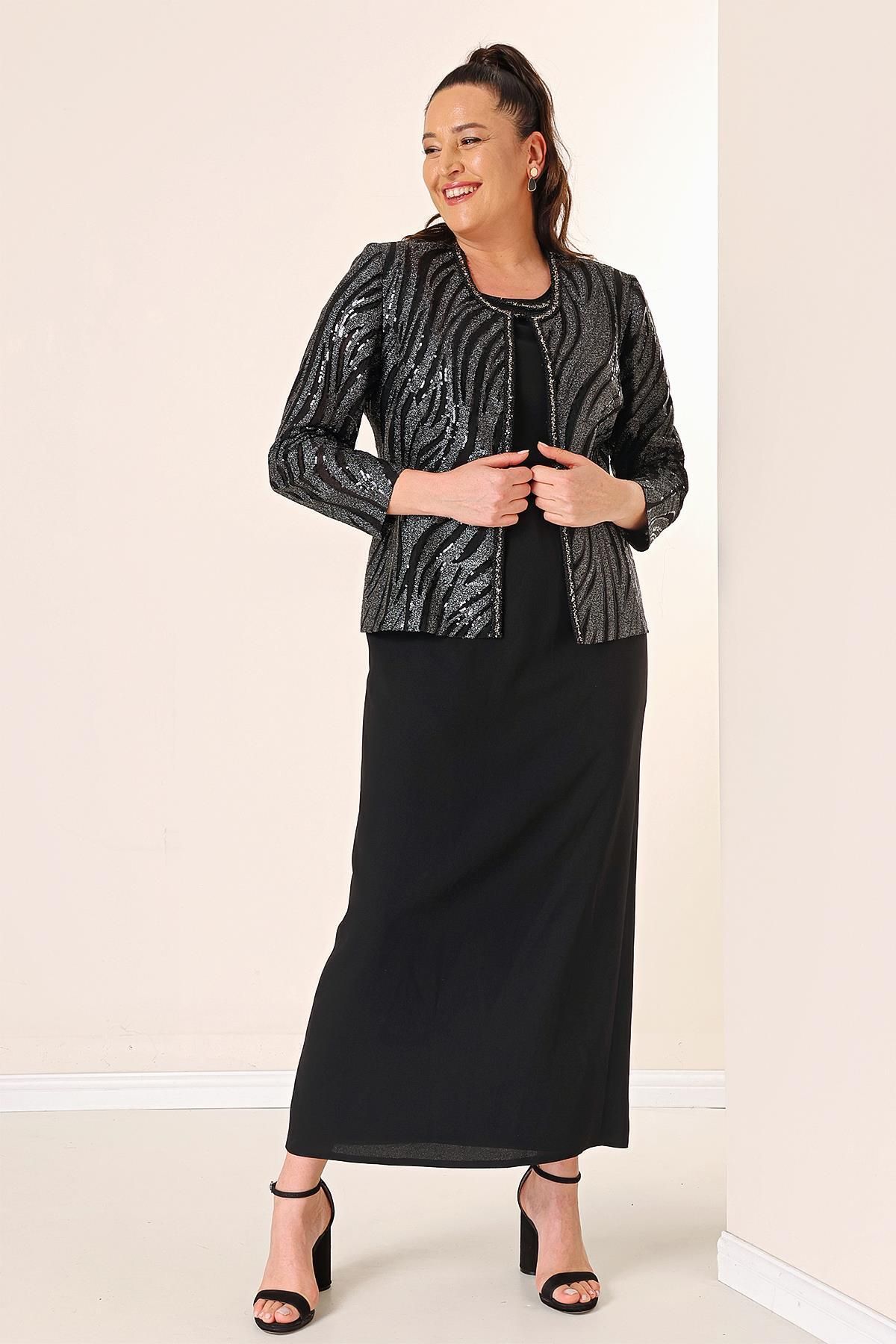 By Sayg Sequin Jacket Half Moon Sleeve Lined Crepe Dress Plus