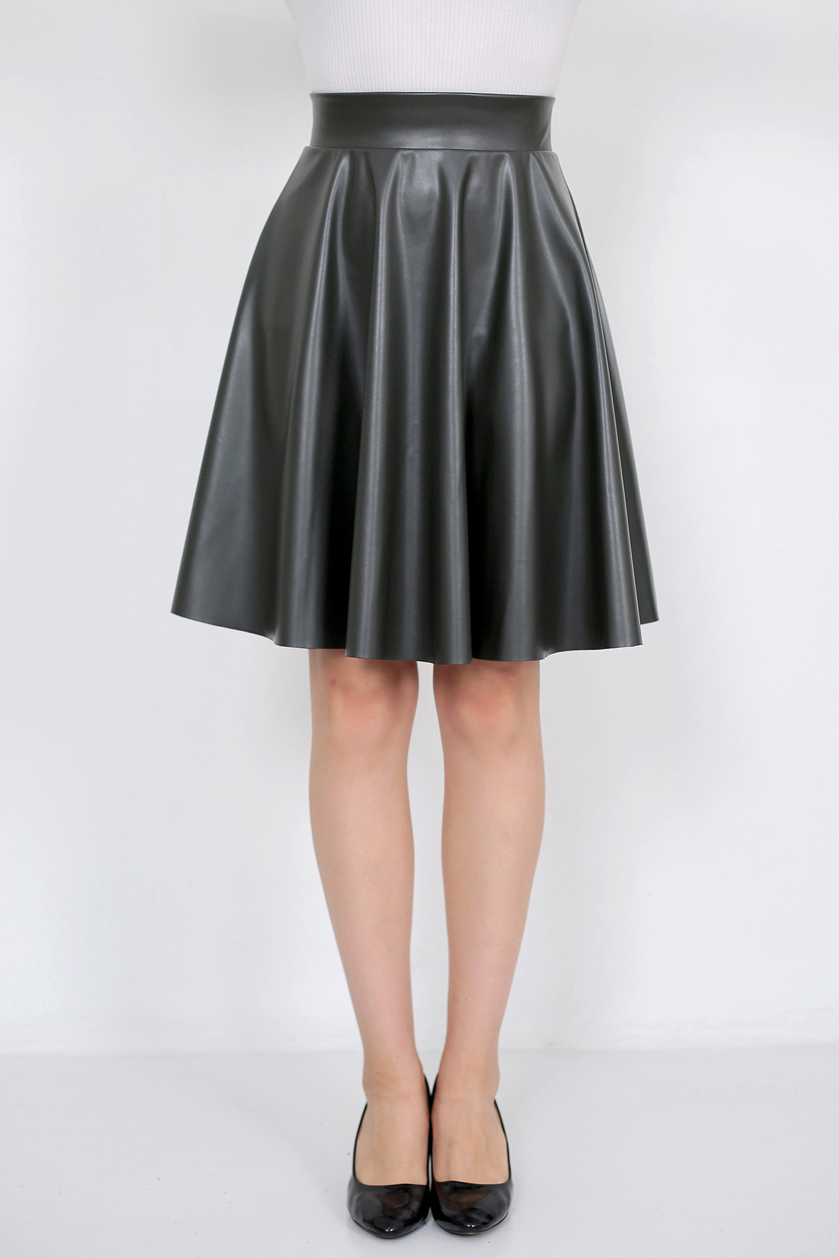 WAYS Kadın Haki Kloş Suni Deri Etek Faux Leather - 1