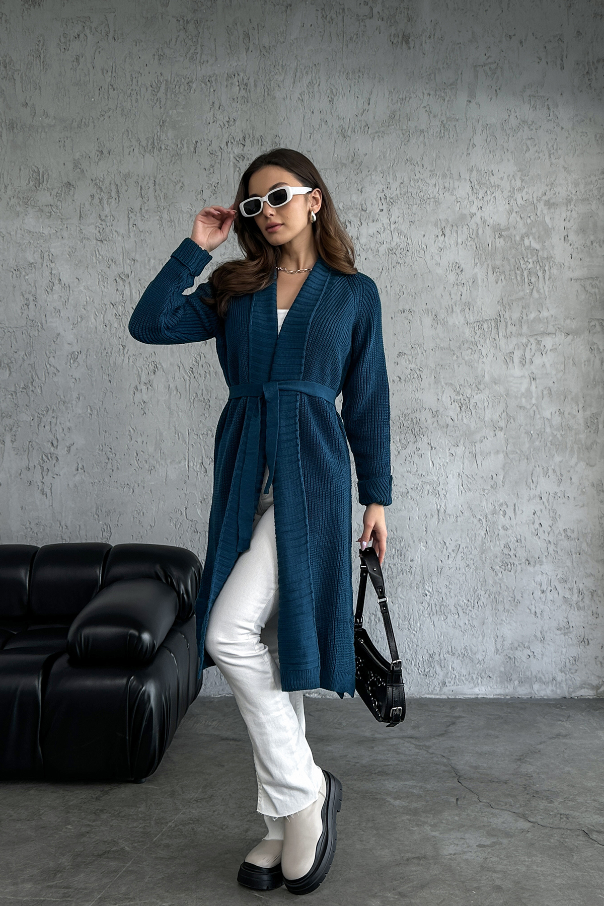 ژاکت بافتنی بلند مدل یقه شال کمربندی 5