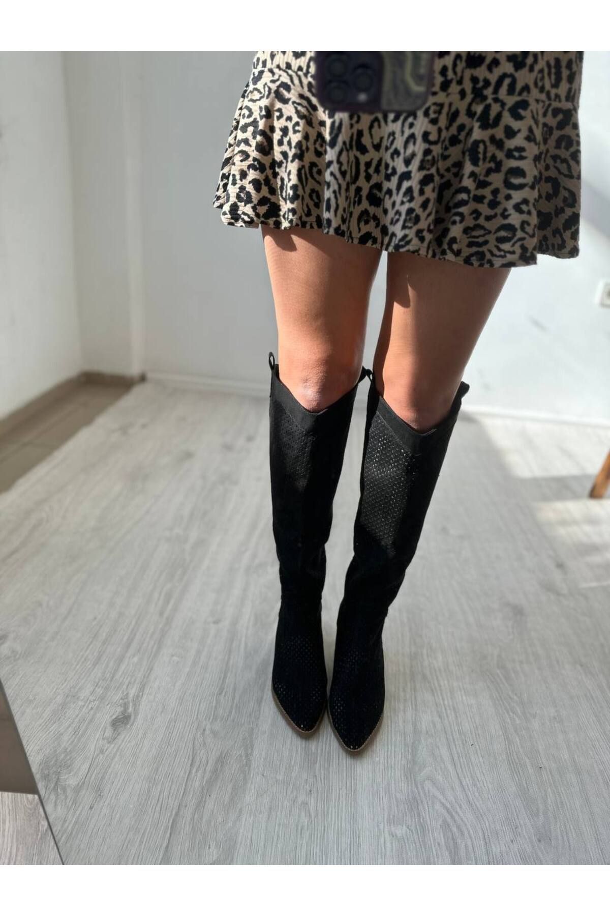 SHOEBOURNE-Cizme lungi de vară perforate tăiate cu laser din piele intoarsa neagra 5