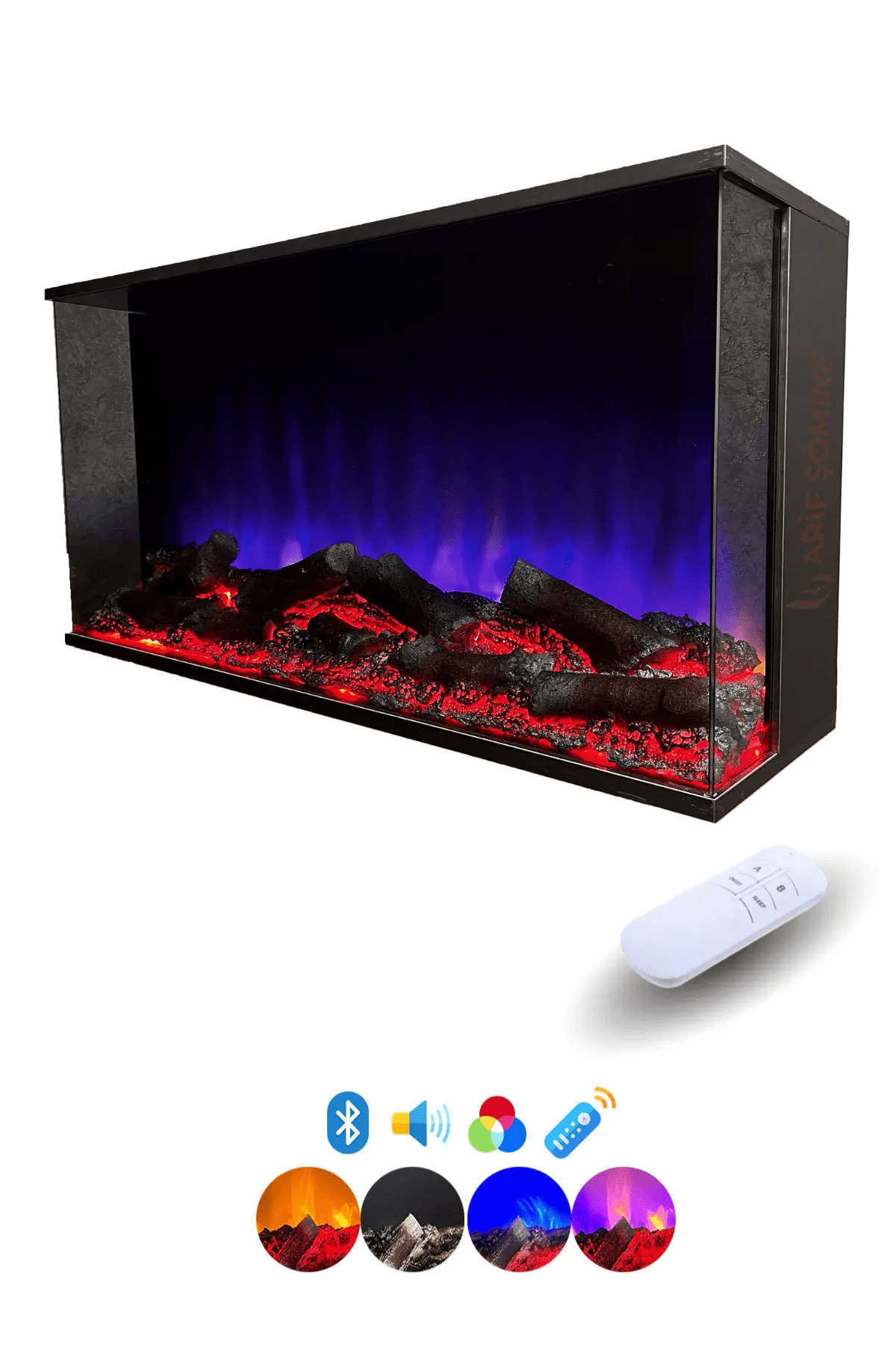 Dekoratif Elektrikli Şömine - 120x30x25 Cm - Kumanda, Bluetooth Hoparlör ve Odun Sesi