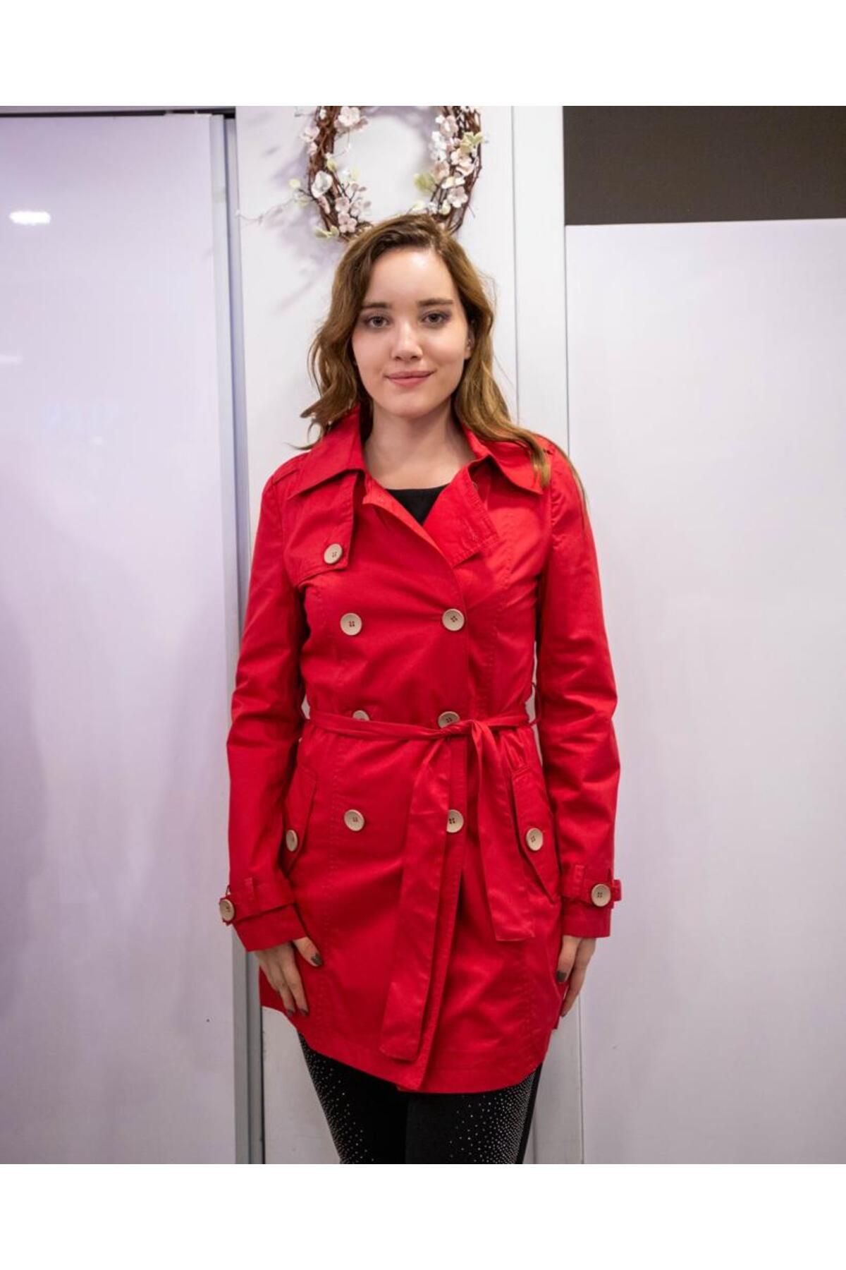 MARE BUTİK-Red Buttoned Front Waist and Stylish Top Coat Trench Jacket 3