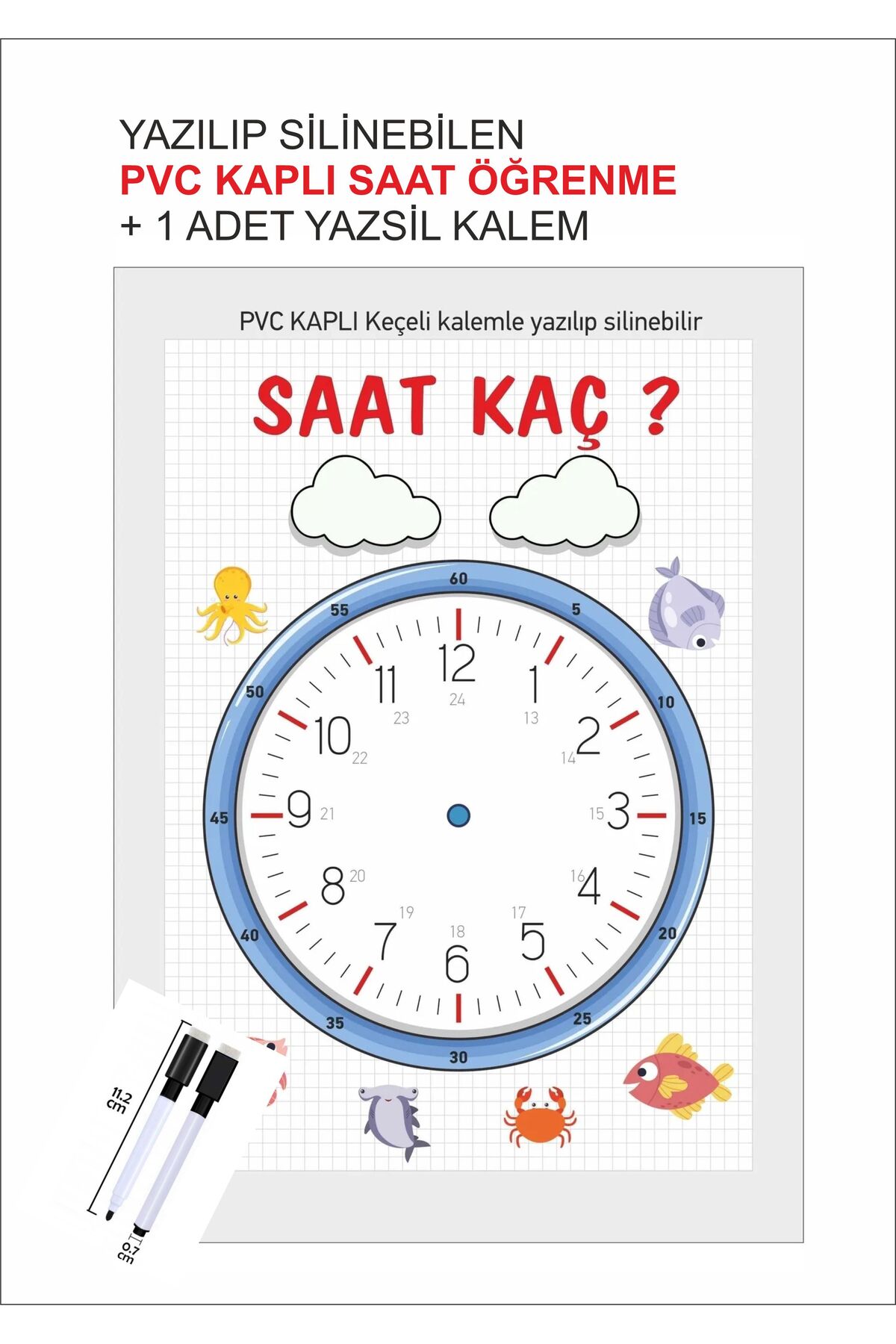 ساعت پاک‌شو تابستانی، ساعت آموزشی کودکان، A4، از مواد PVC و آهنربا، تخته نوشتنی، خودکار