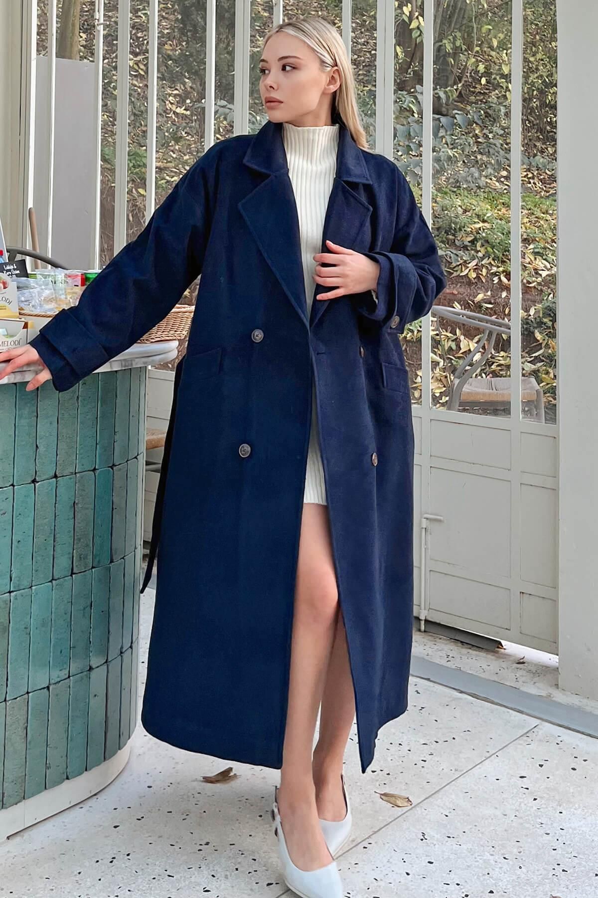 Swist Navy Blue Sleeve Cuffed Belted Lined Long Women s Cashmere