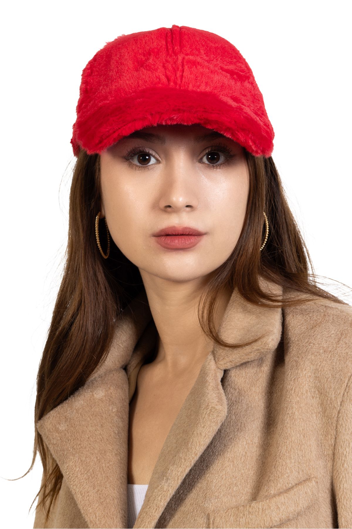 Yumuşak Tüylü Peluş Kışlık Kep Kadın Şapka Kırmızı