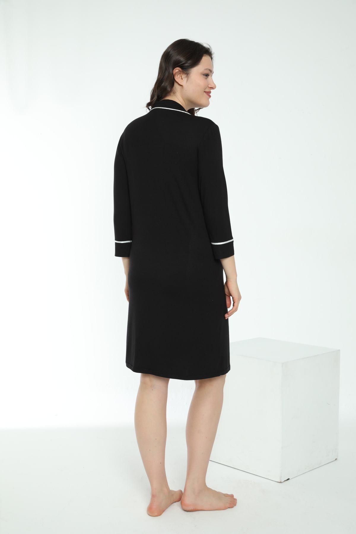 Miss Dünya Lissa Siyah Gömlek Yaka Önden Düğmeli Hamile ve Lohusa Gecelik fotoğrafı 5 (önizleme)