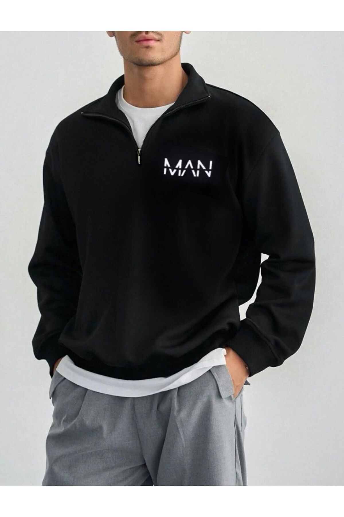 N CE Unisex Half Zipper Collar Black Sweatshirt Trendyol
