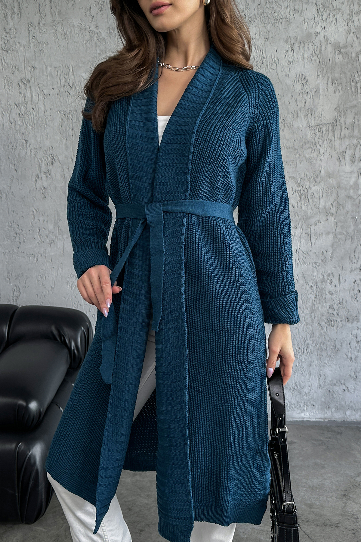 ژاکت بافتنی بلند مدل یقه شال کمربندی 4