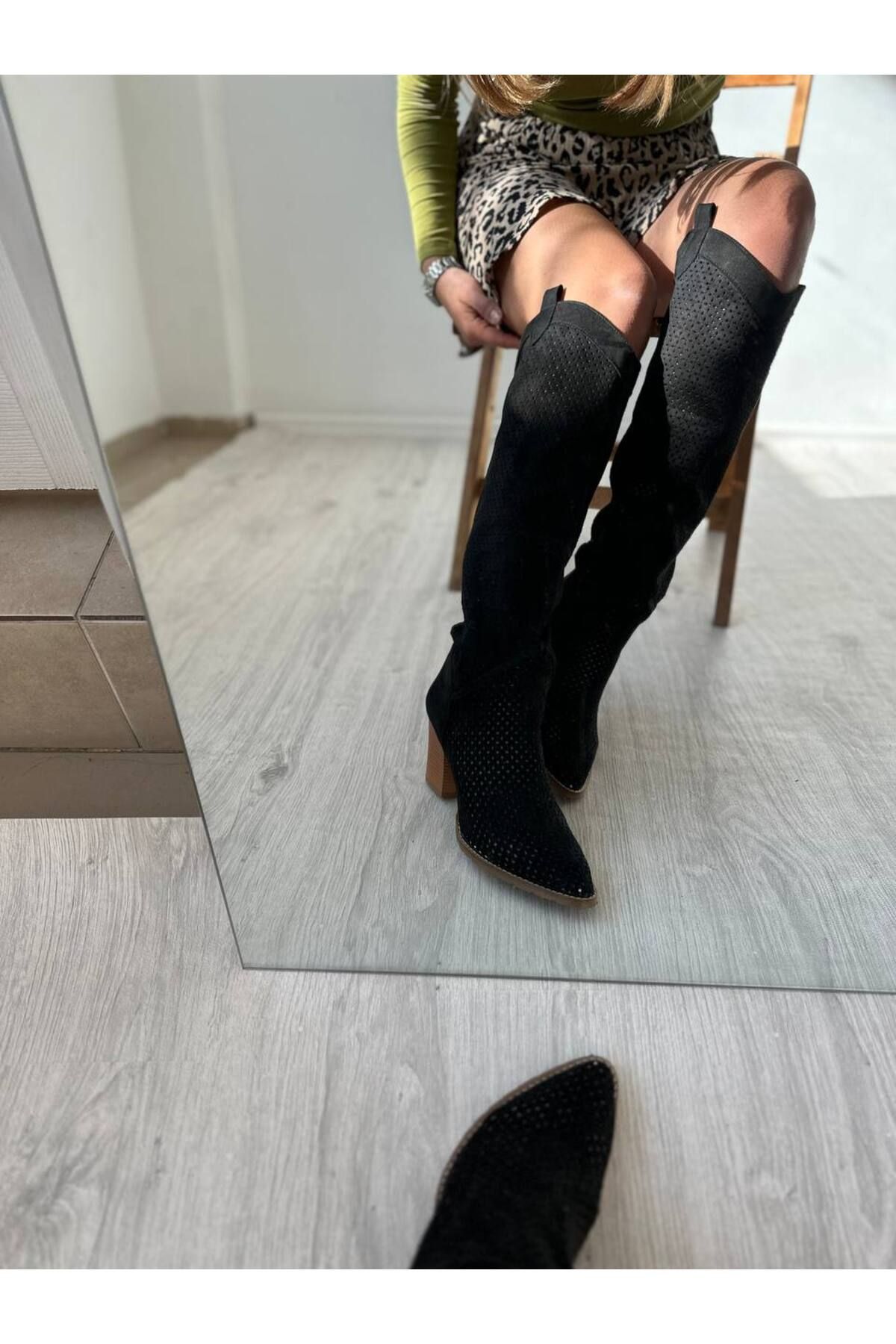 SHOEBOURNE-Cizme lungi de vară perforate tăiate cu laser din piele intoarsa neagra 3