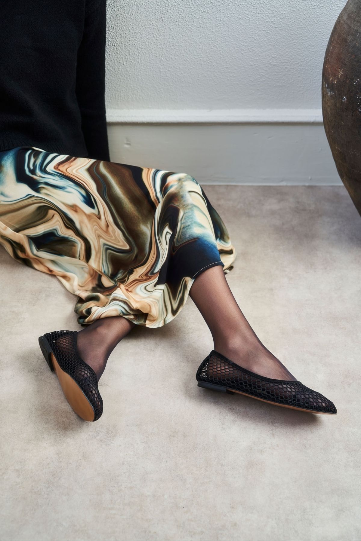 NİŞANTAŞI SHOES Damskie Baleriny Zahra Z Czarną Siateczką I Płaską Podeszwą Kobieta - 38