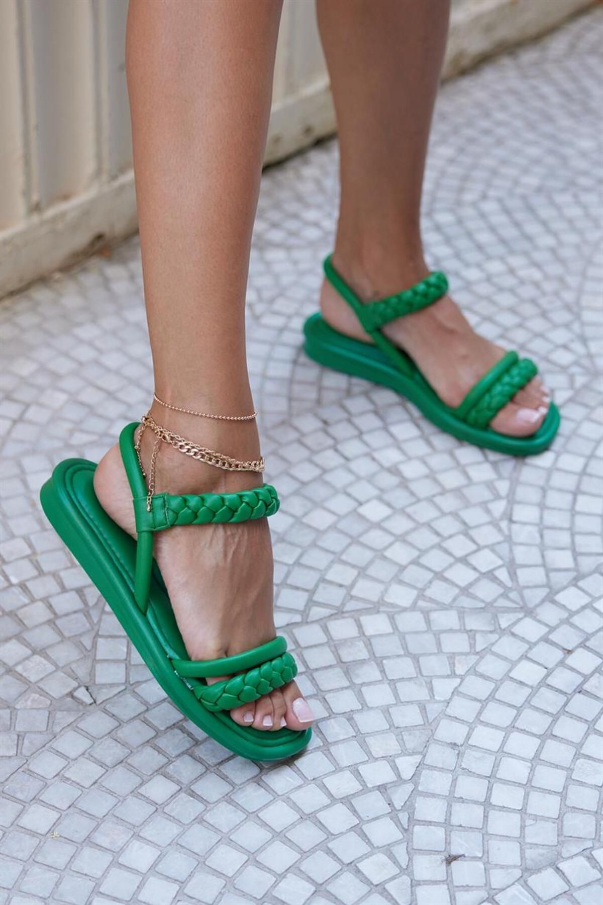 Madamra Green Women s Knitted Strappy Sandals Trendyol