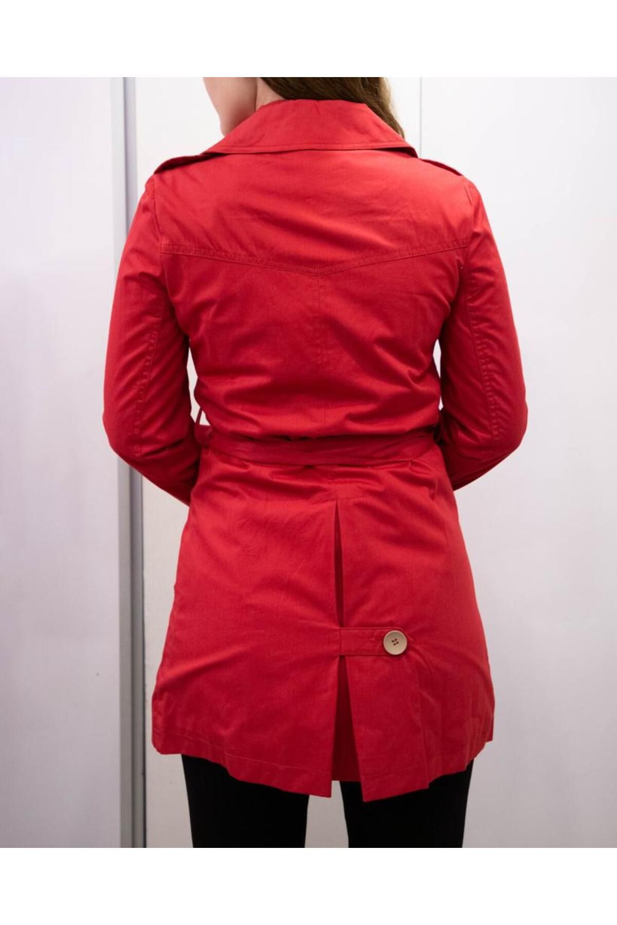 MARE BUTİK-Red Buttoned Front Waist and Stylish Top Coat Trench Jacket 4