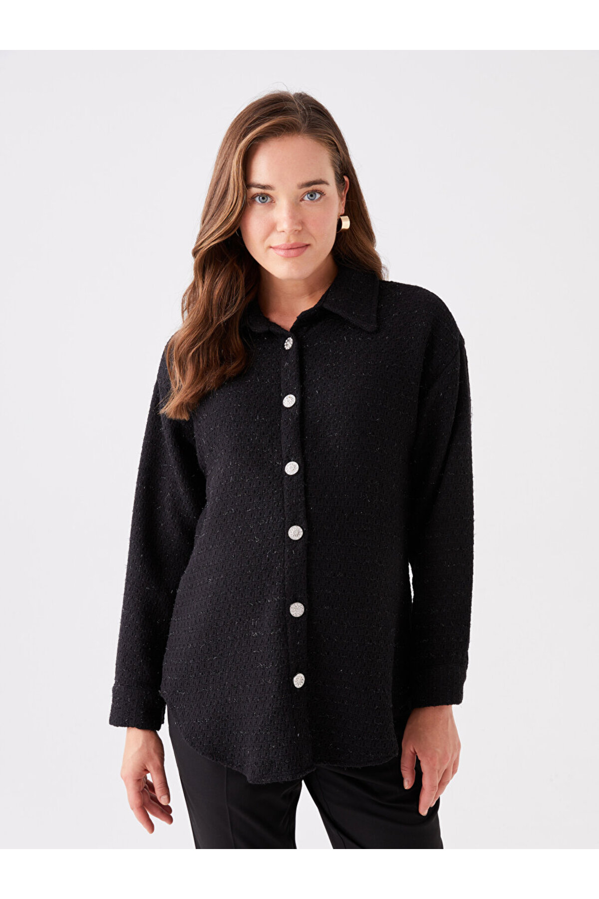Plain Long Sleeve Maternity Tweed Shirt Jacket