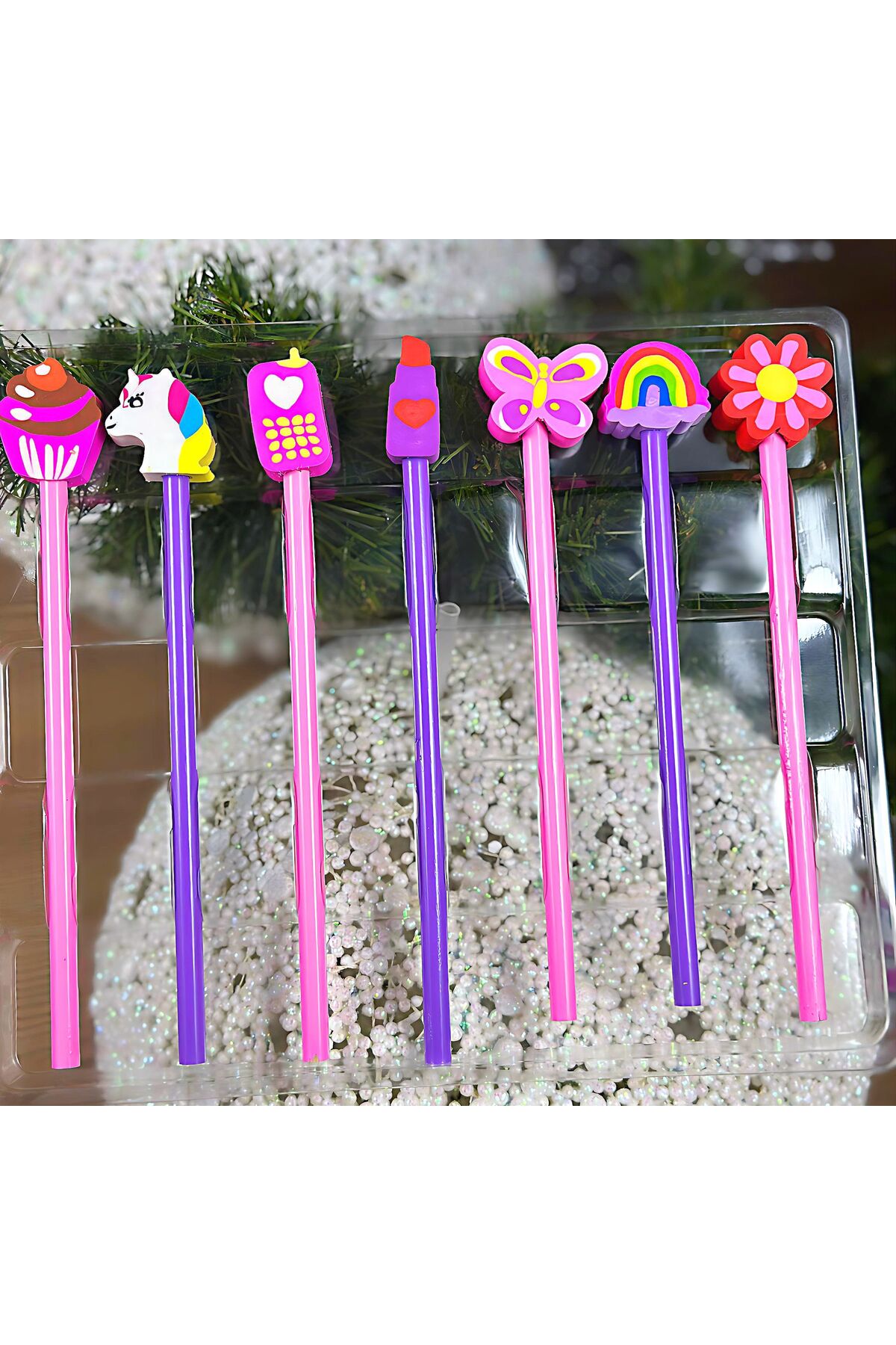 QUEEN AKSESUAR İthal lüks 14 parça kutulu kalem silgi kırtasiye seti pembe mor unicorn cupcake gökkuşağı çiçek