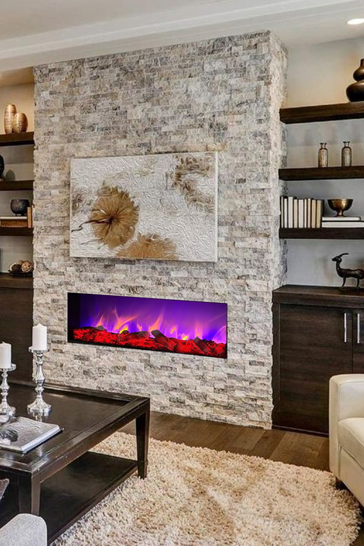 İnci Kumandalı Dekoratif Şömine - 120x35x15 Cm - Elektrikli, Bluetooth, Hoparlör Ve Farklı Renk Modu