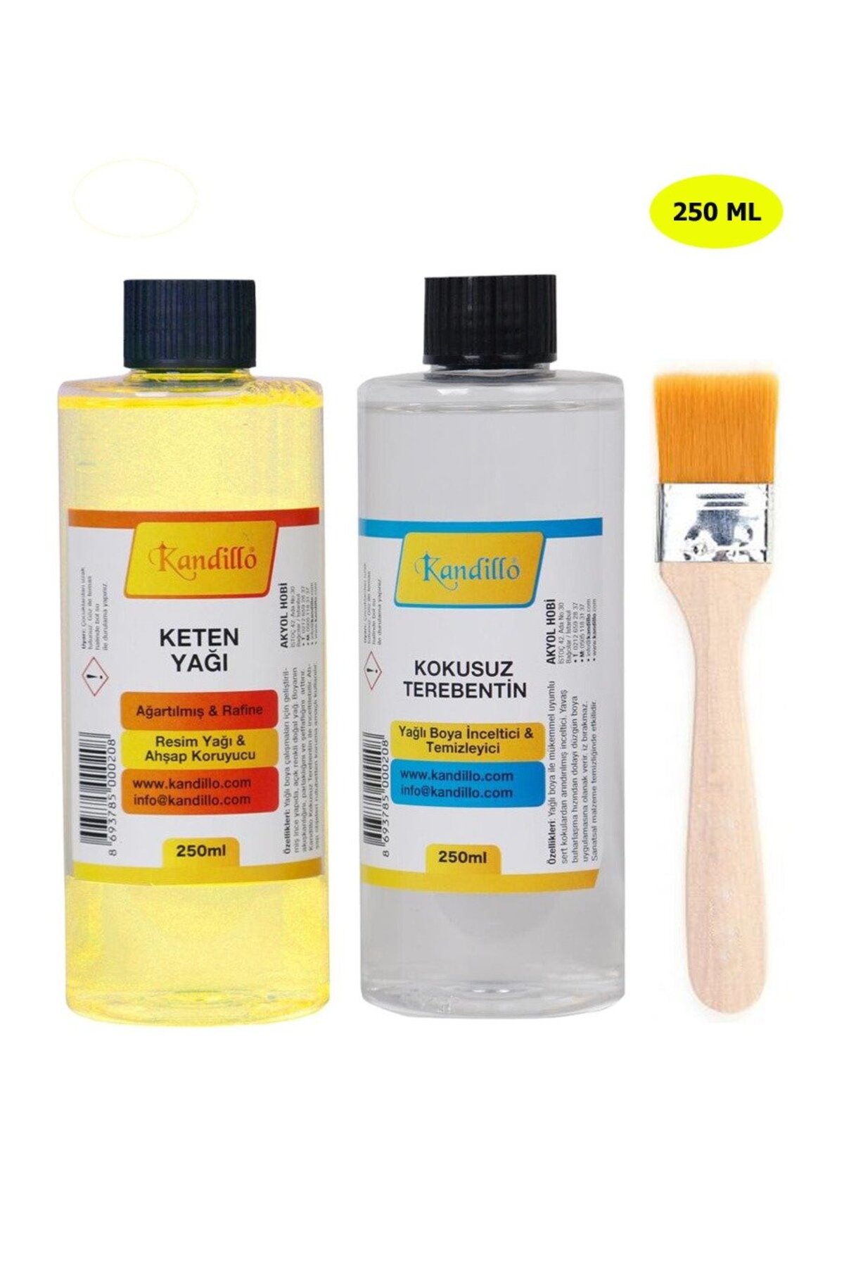 Dünya Magnet Yağlı Boya Seti Yardımcı Malzemeler 2 X 250 Ml Terebentin Resim Keten Yağı + Fırça