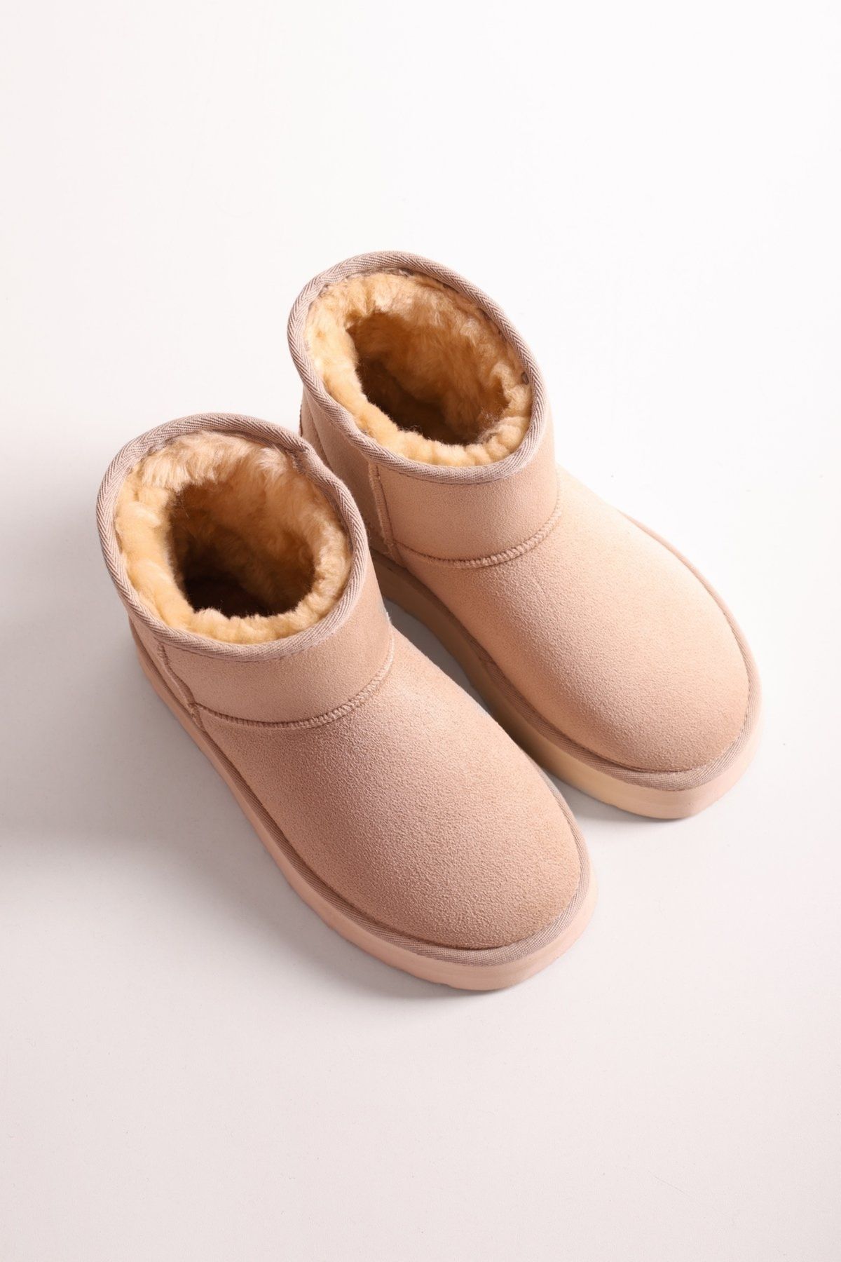 SOLMAZ-UGGY BEIGE SHORT SUEDE BOOTS WITH FEATHER INSIDE 4