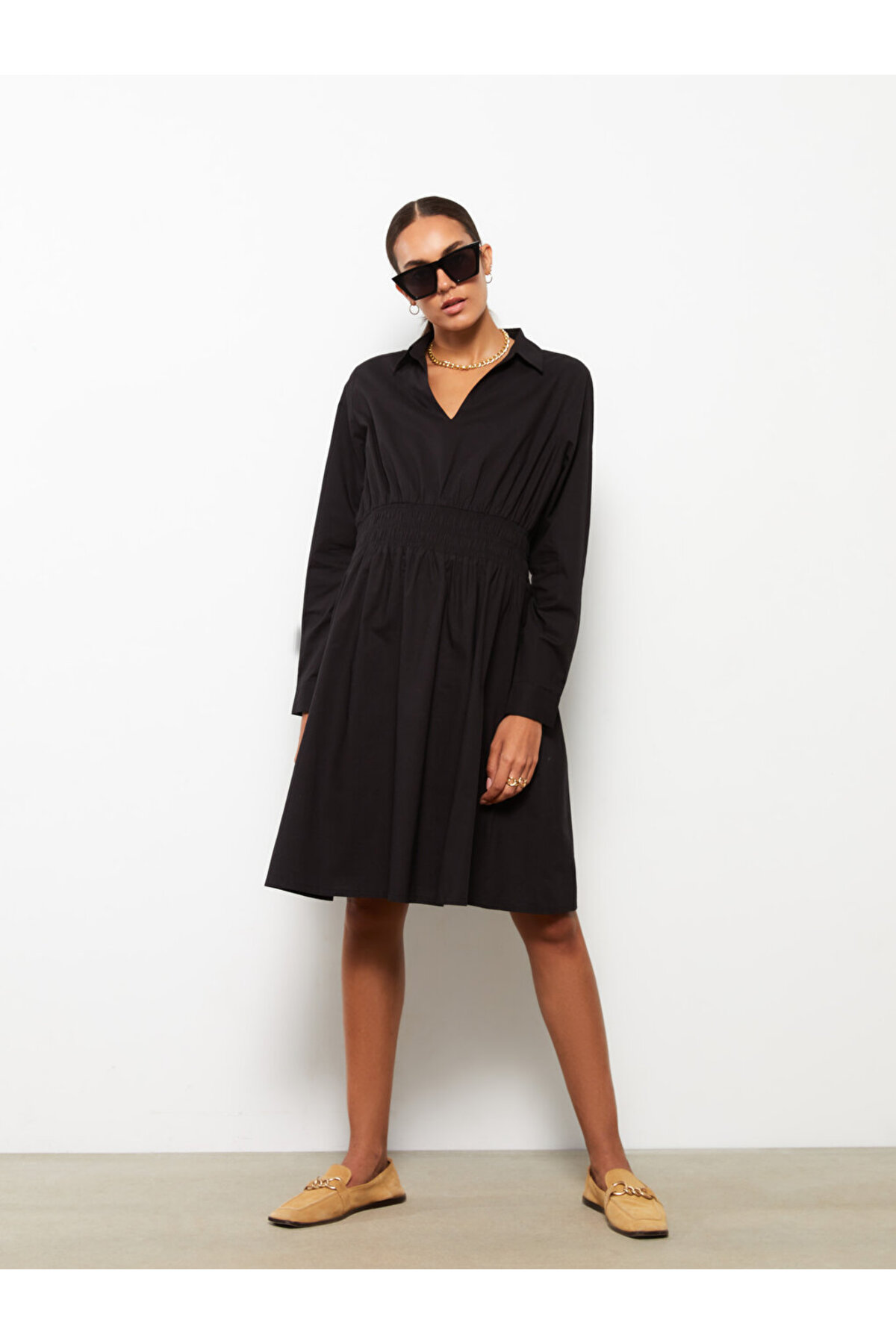 Shirt Collar Straight Long Sleeve Poplin Maternity Dress