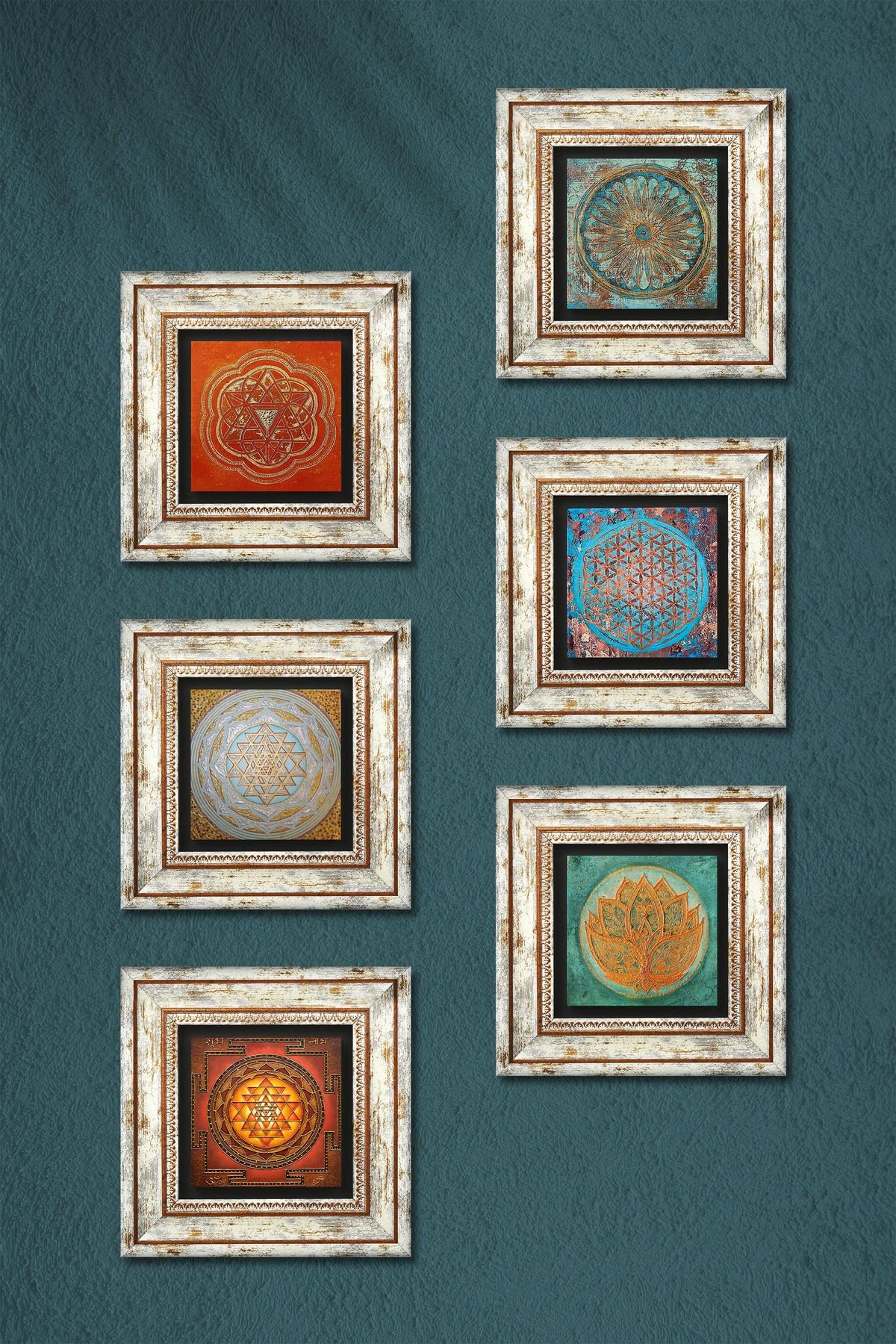Pinecone-Lotus Flower, Flower of Life, Sri Yantra Stone Wall Painting Framed Wall Decor 6 Piece Set Wall Art 3