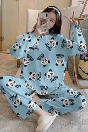 PEMBİŞ HOMEWEAR Uzun Kollu Pijama Takımı Panda Hello Supersoft Basic Süprem