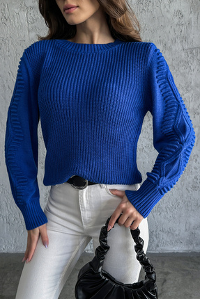 nosia fashion Cobalt Blue Knitted Knitwear Sweater with Patterned Sleeves
