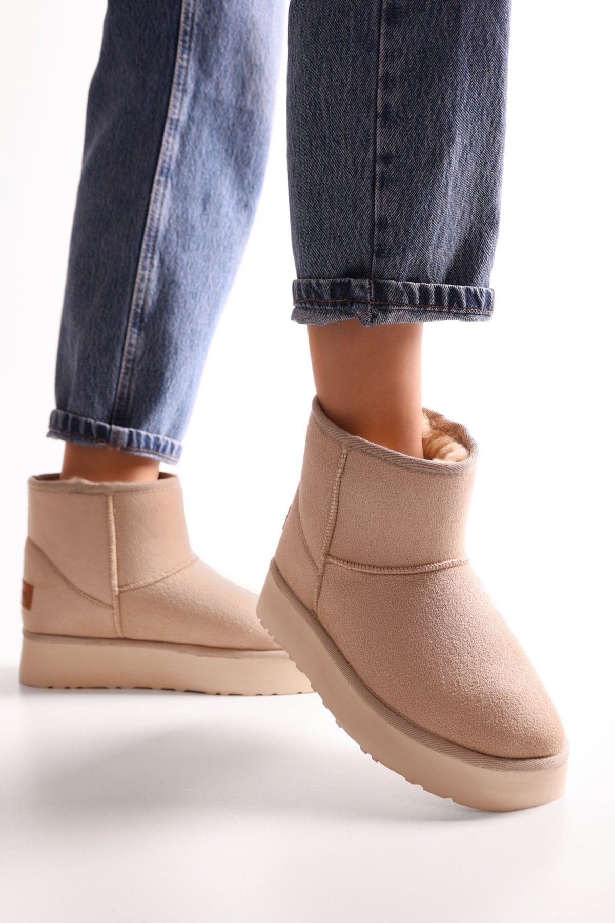 SOLMAZ-UGGY BEIGE SHORT SUEDE BOOTS WITH FEATHER INSIDE 3
