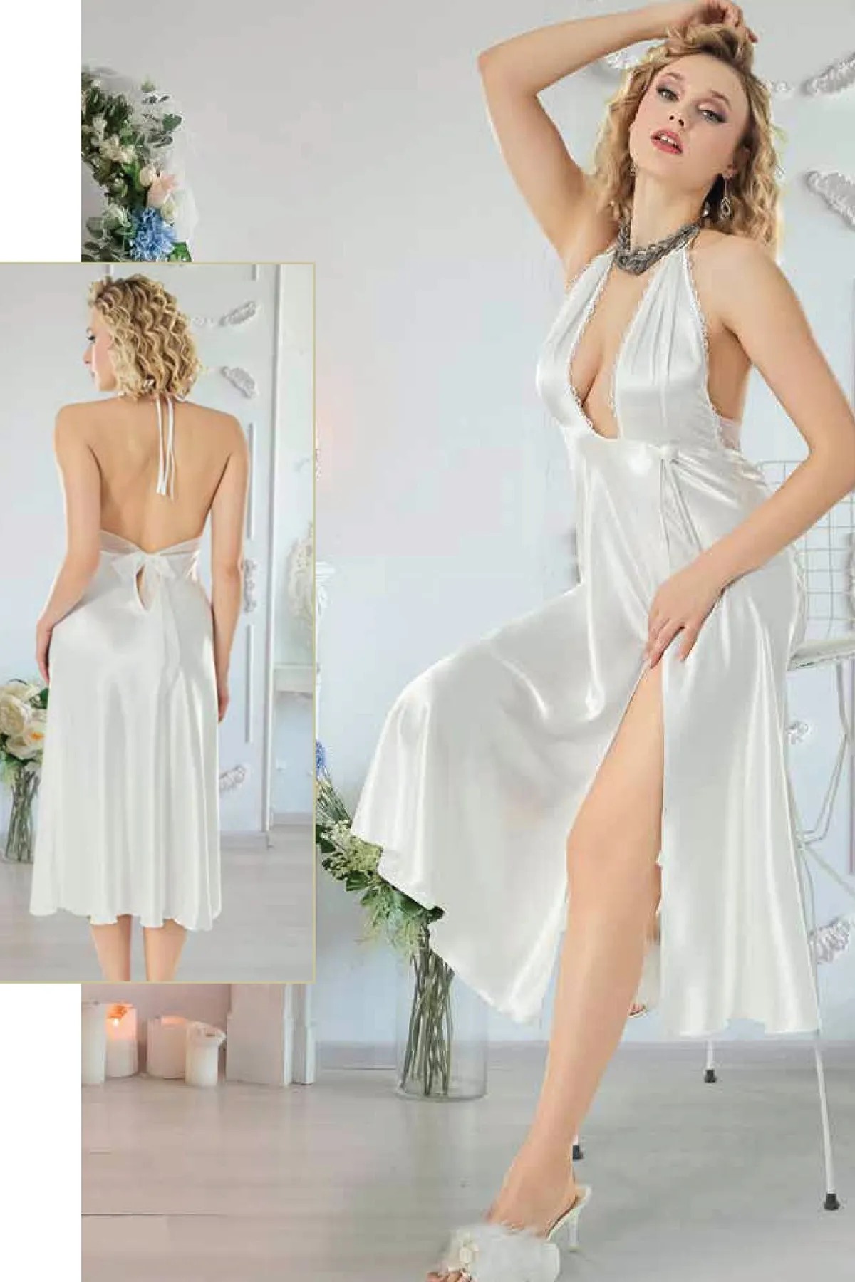 Pastimore Özel Üretim Sırt Detaylı Bağcıklı Yırtmaçlı Seksi Erotik Fantezi Rahat Şık Ekru Gecelik