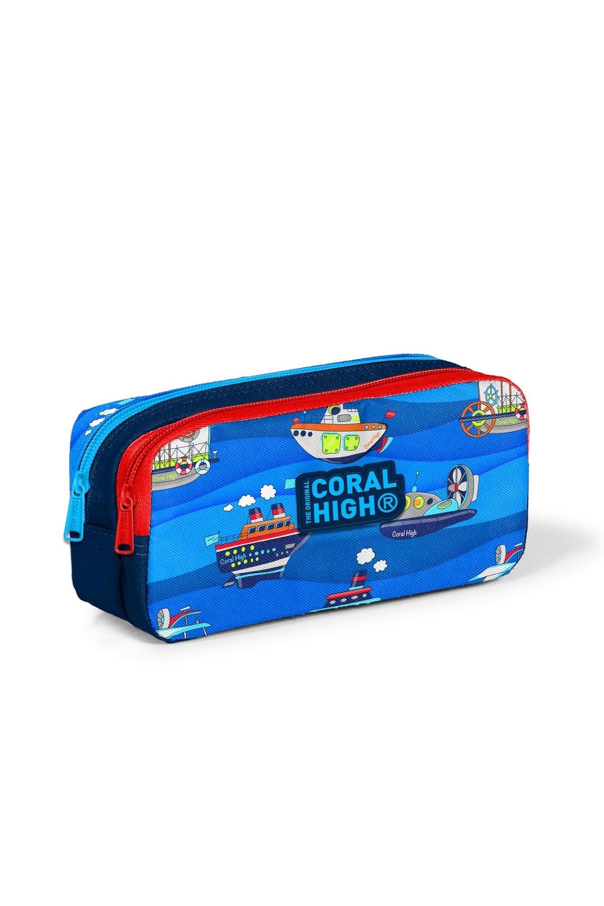 Emre Tuval-Coral High Kids Navy Blue Ship Patterned Two-Compartment Pencil Bag 22162 1