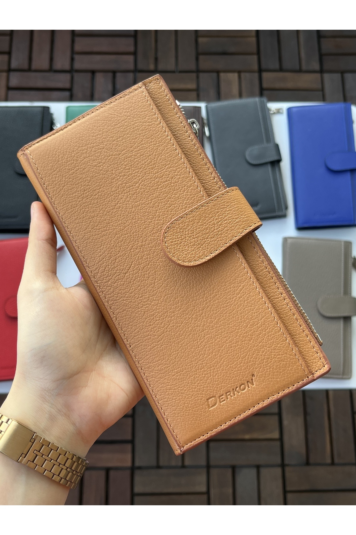 DERKON-Noby Model Genuine Leather Tan Wallet with Phone Compartment 2
