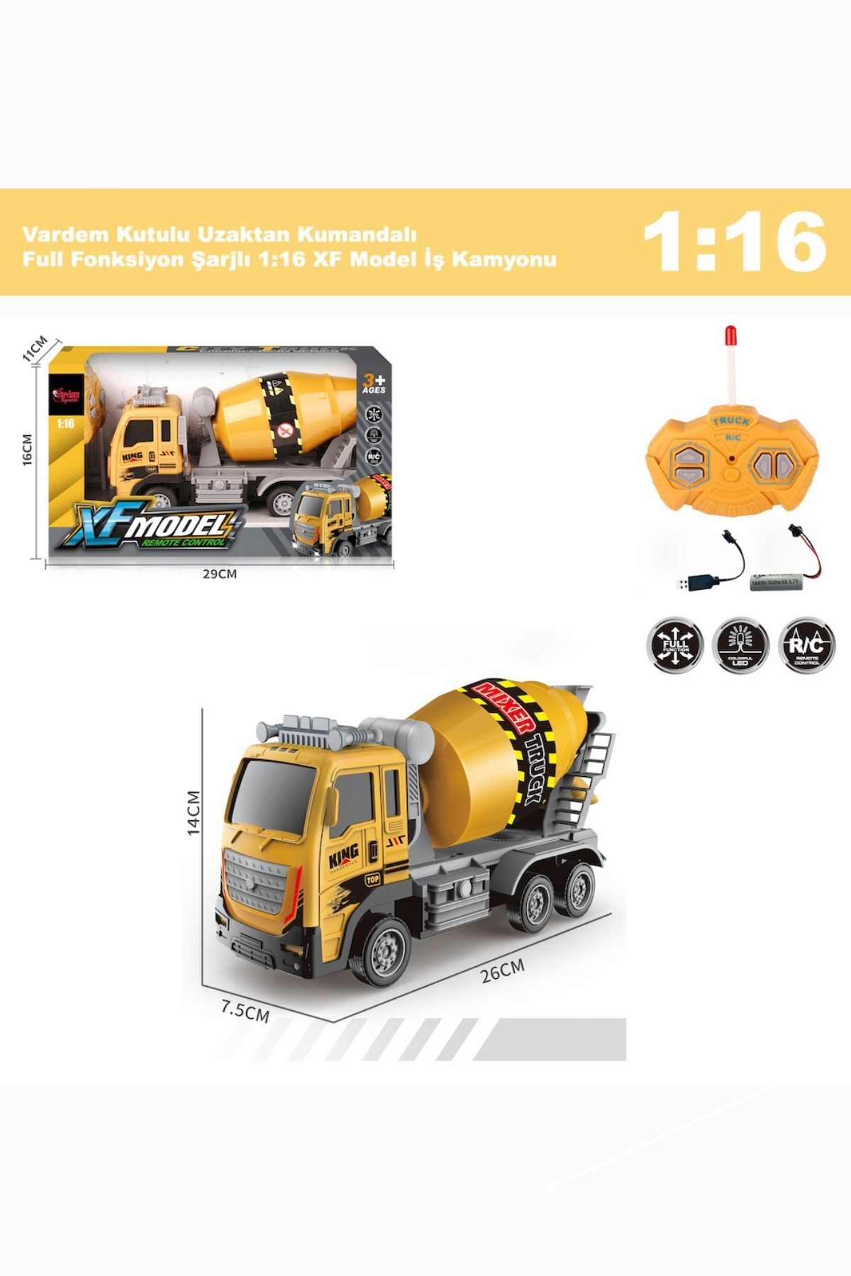 YILDIRIM OYUNCAK Uzaktan Kumandalı Full Fonksiyon Şarjlı 1:16 İnşaat İş Makinesi Beton Mikseri 26 cm