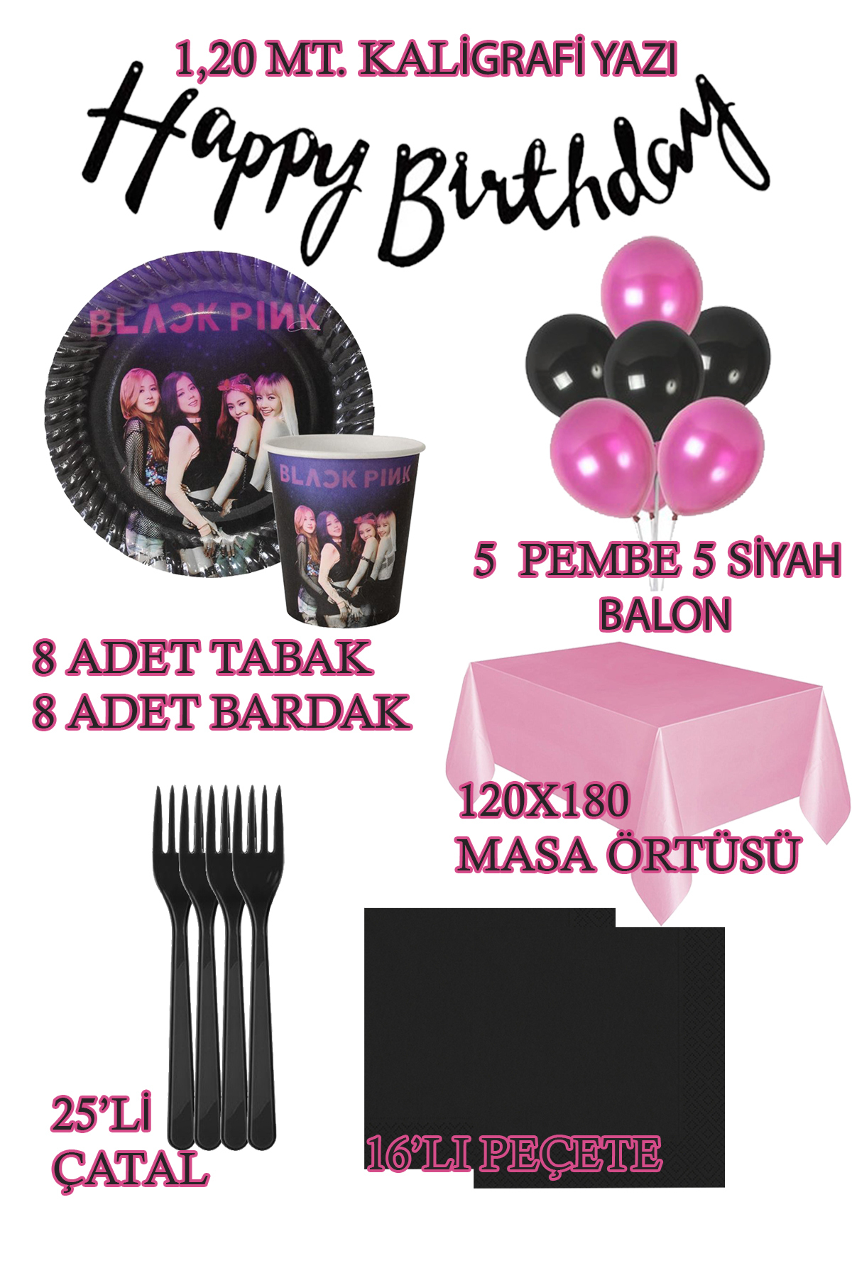 Parti dolabı-8 Person Black Pink Birthday Set Black Pink Balloon Plate Cup Balloon Party Set 2