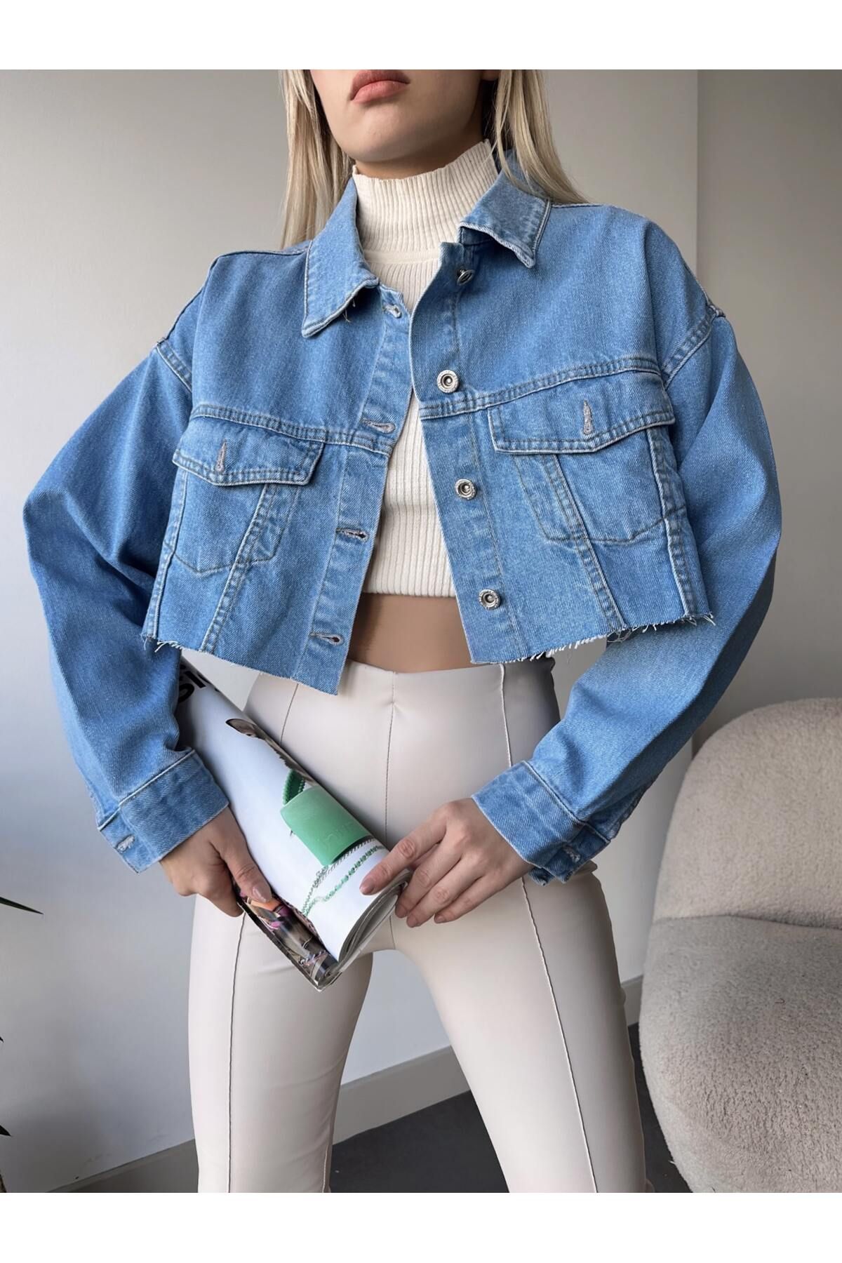 ÇEÇİM-WOMEN'S DOUBLE POCKET LASER CUT CROP DENIM JACKET ZYN-58394 6