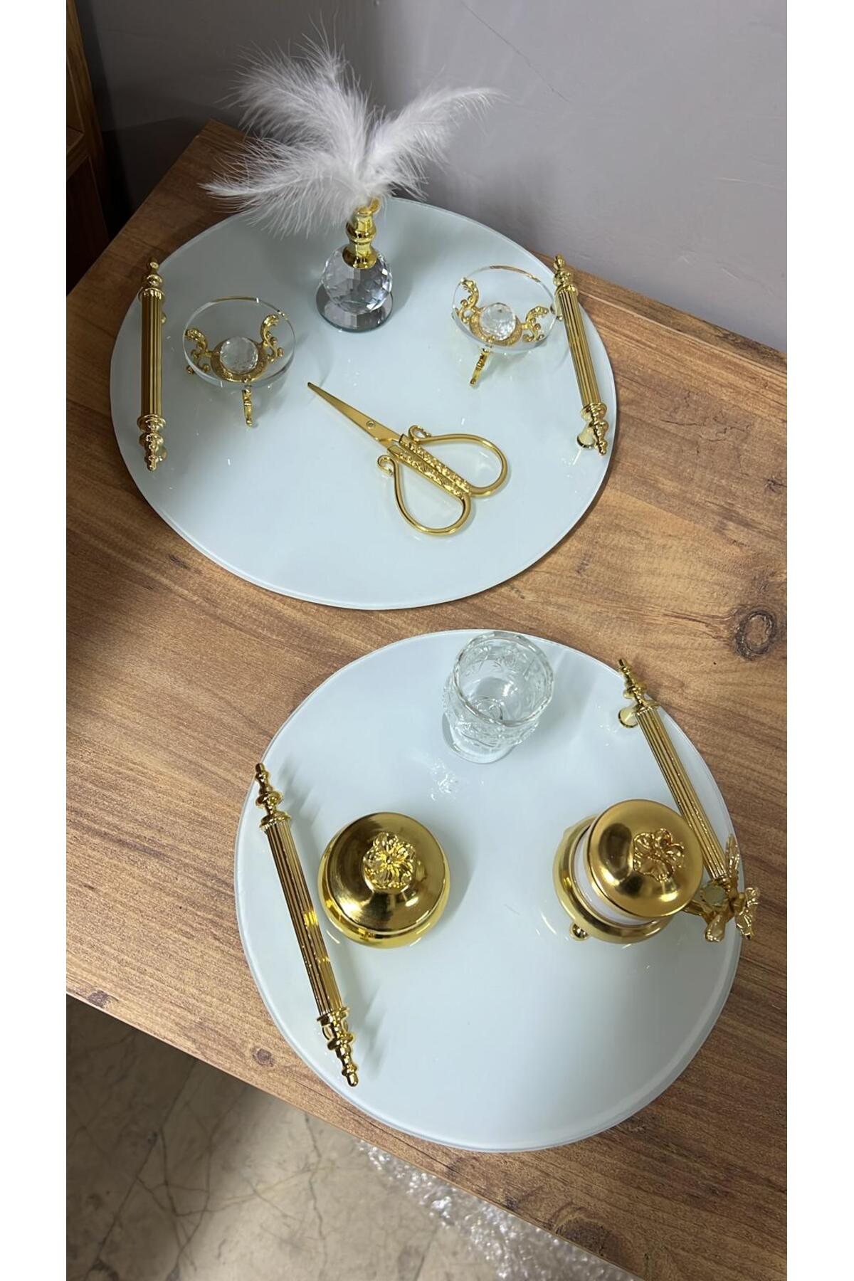 2 Lİ TAKIM BEYAZ CAM GOLD TEPSİ SÖZ NİŞAN VE DAMAT KAHVE FİNCAN SETİ 2