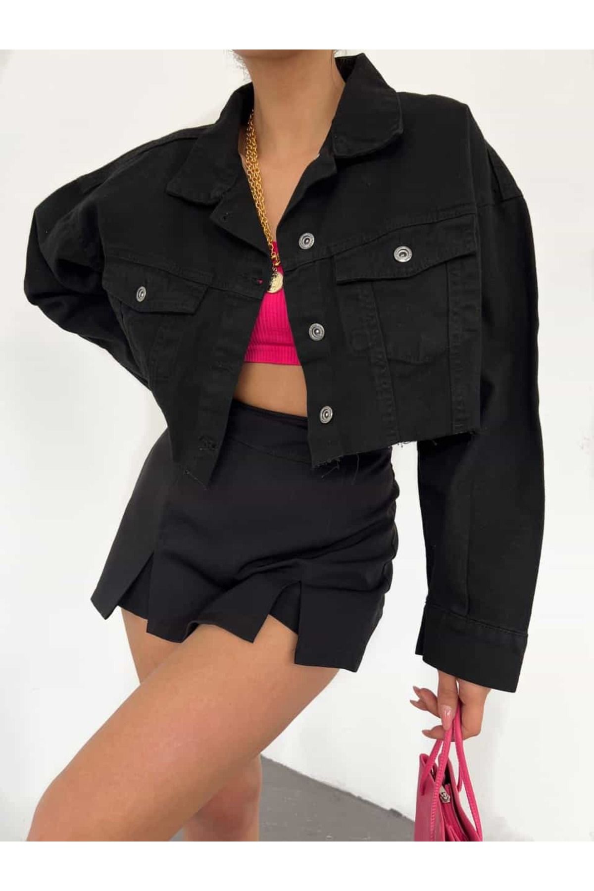 ÇEÇİM-Women's Double Pocket Laser Cut Crop Denim Jacket Zyn-58394 2
