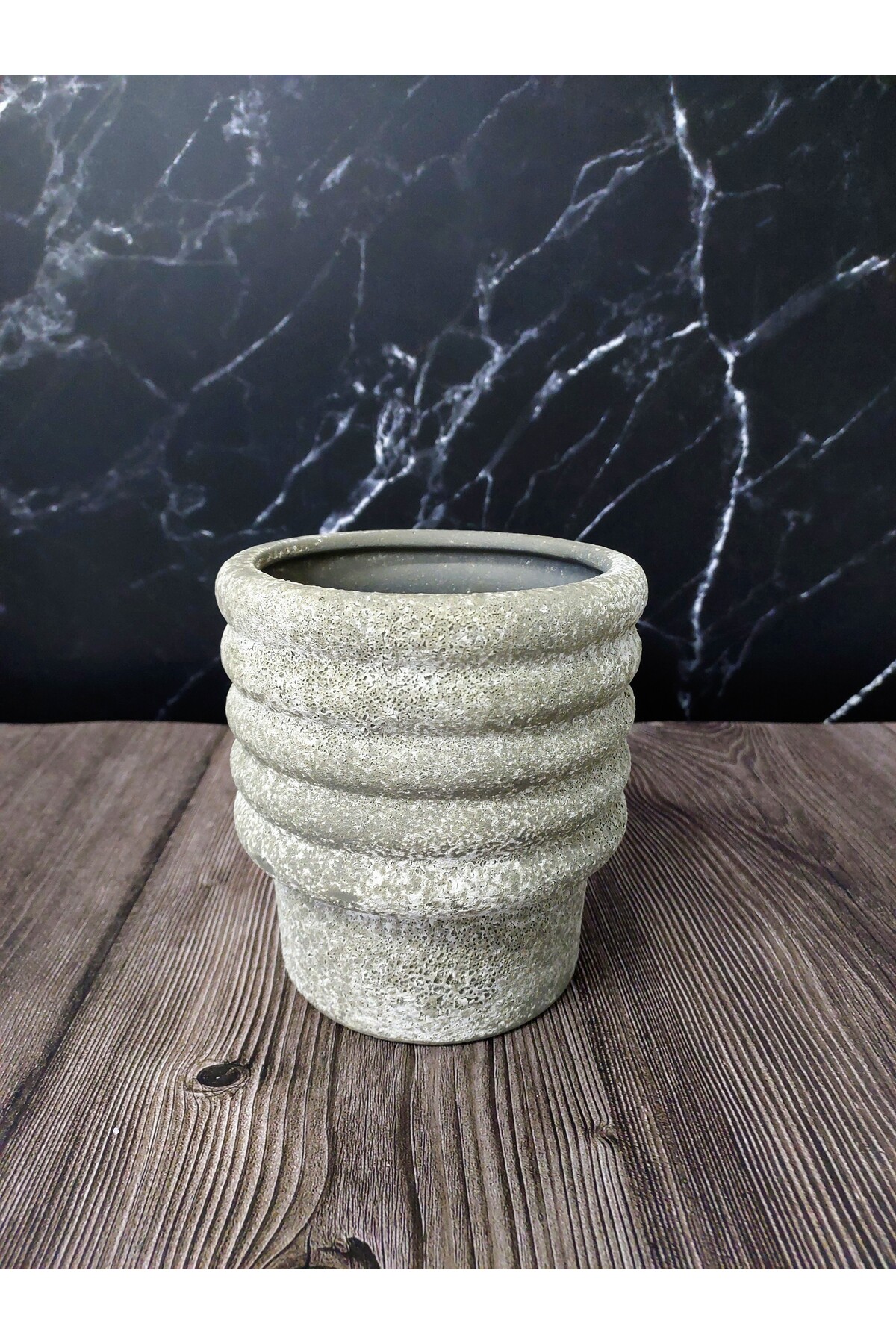Eskitme Seramik Halka Saksı - Gri 15x13,5cm 3