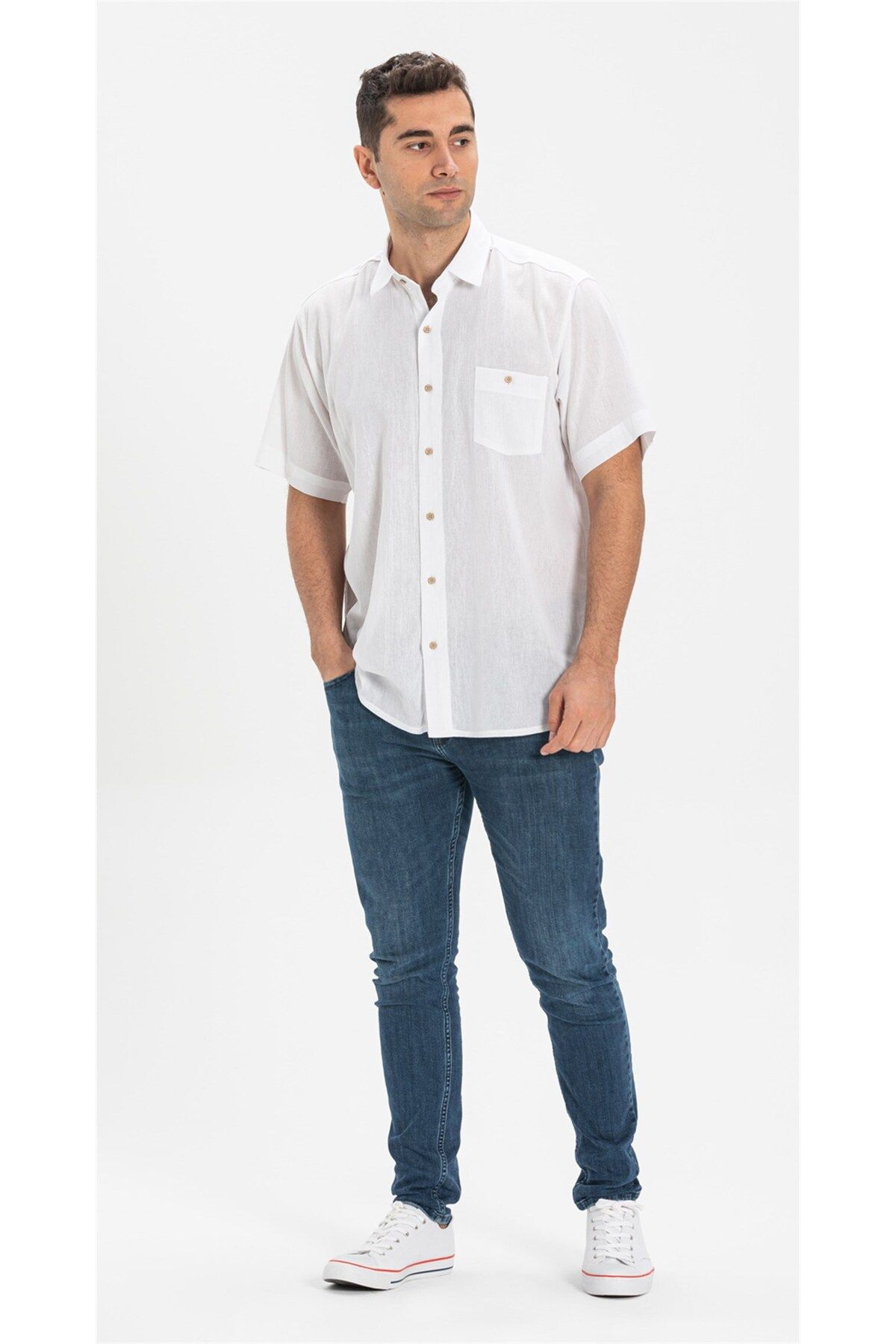 Eliş Şile Bezi پیراهن آستین کوتاه شیله پارچه ای تک جیبی مردانه سایز بزرگ 3001