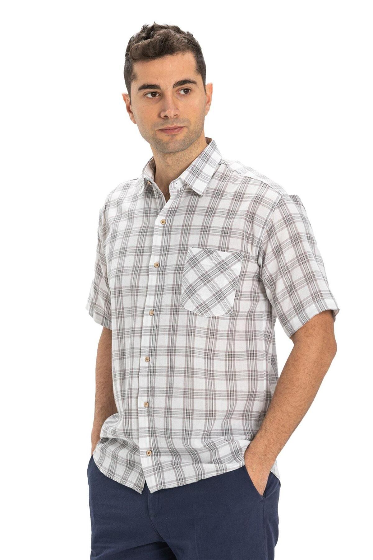 Eliş Şile Bezi پیراهن آستین کوتاه شیله پارچه ای تک جیب مردانه سایز بزرگ طوسی چهارخانه 3061