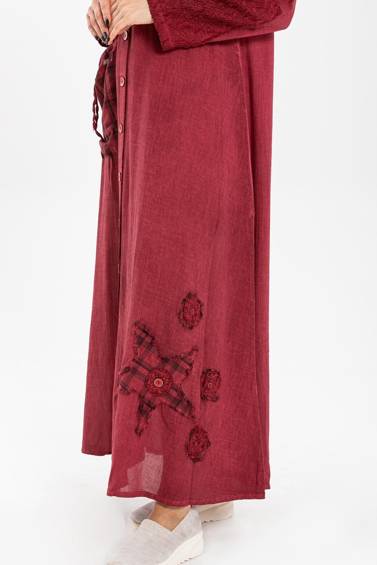 Eliş Şile Bezi لباس آستین بلند شیله پارچه زمردی سایز پلاس دکمه دار Claret Red Brd