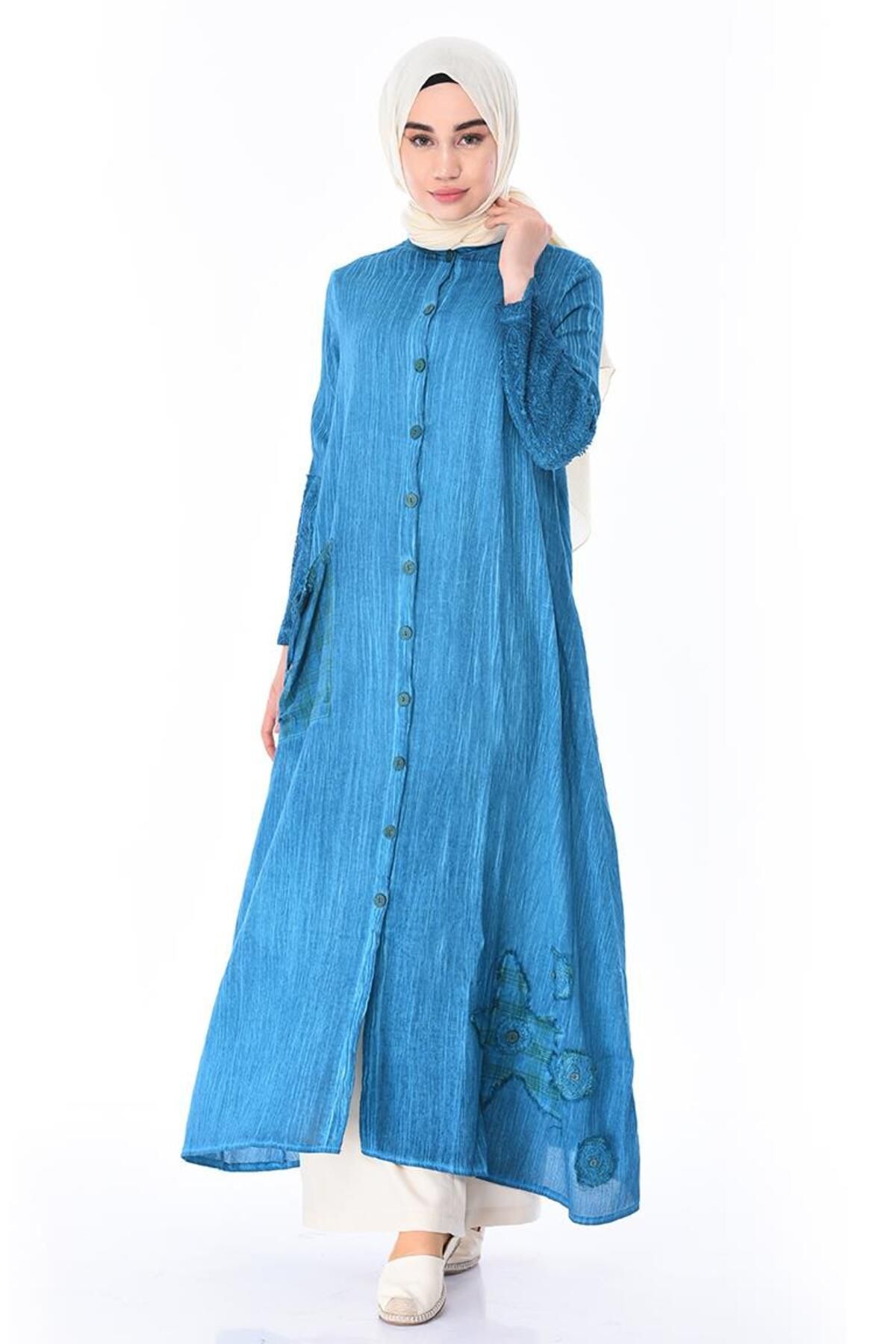 Eliş Şile Bezi لباس آستین بلند شیله پارچه زمردی سایز پلاس دکمه دار فیروزه ای Trkz