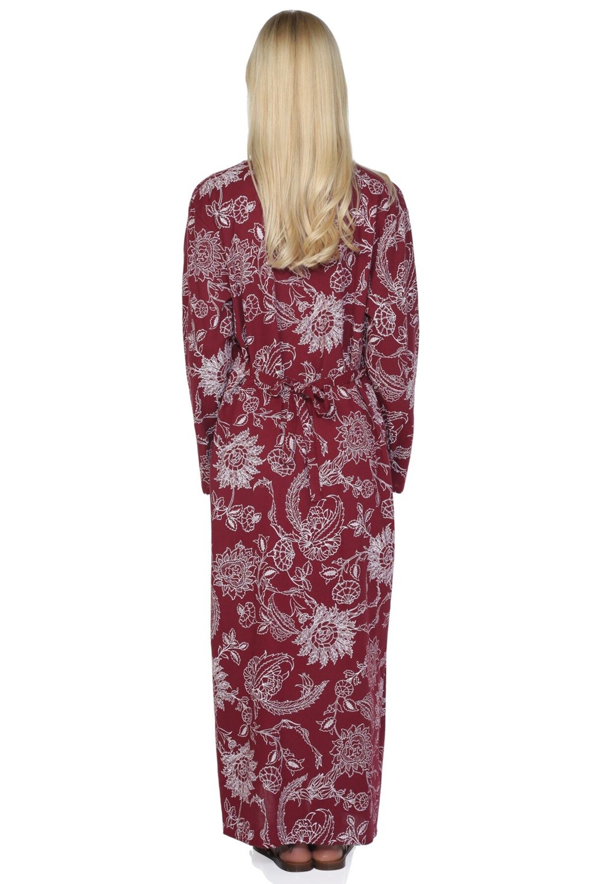 Eliş Şile Bezi آستین بلند سایز پلاس پارچه شیله چاپ لباس مدل Çinar Claret Red Brd
