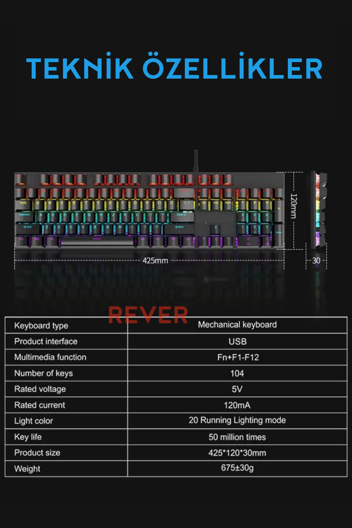 Rever Blue Switch Mekanik Gaming Oyuncu Klavyesi Colorfull RGB Işıklı ...