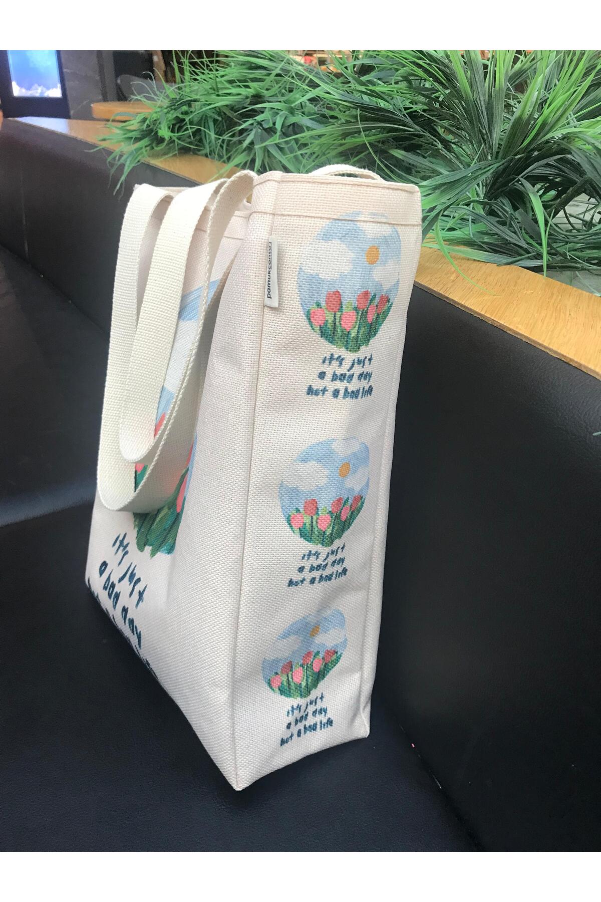 pamukcanta  Yağlı Boya Tasarım Kanvas Bez Çanta Yıkanabilir Çıtçıtlı İçi Cepli - Görsel 2