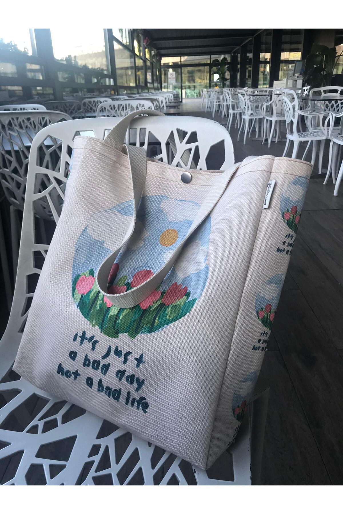 pamukcanta  Yağlı Boya Tasarım Kanvas Bez Çanta Yıkanabilir Çıtçıtlı İçi Cepli - Görsel 3