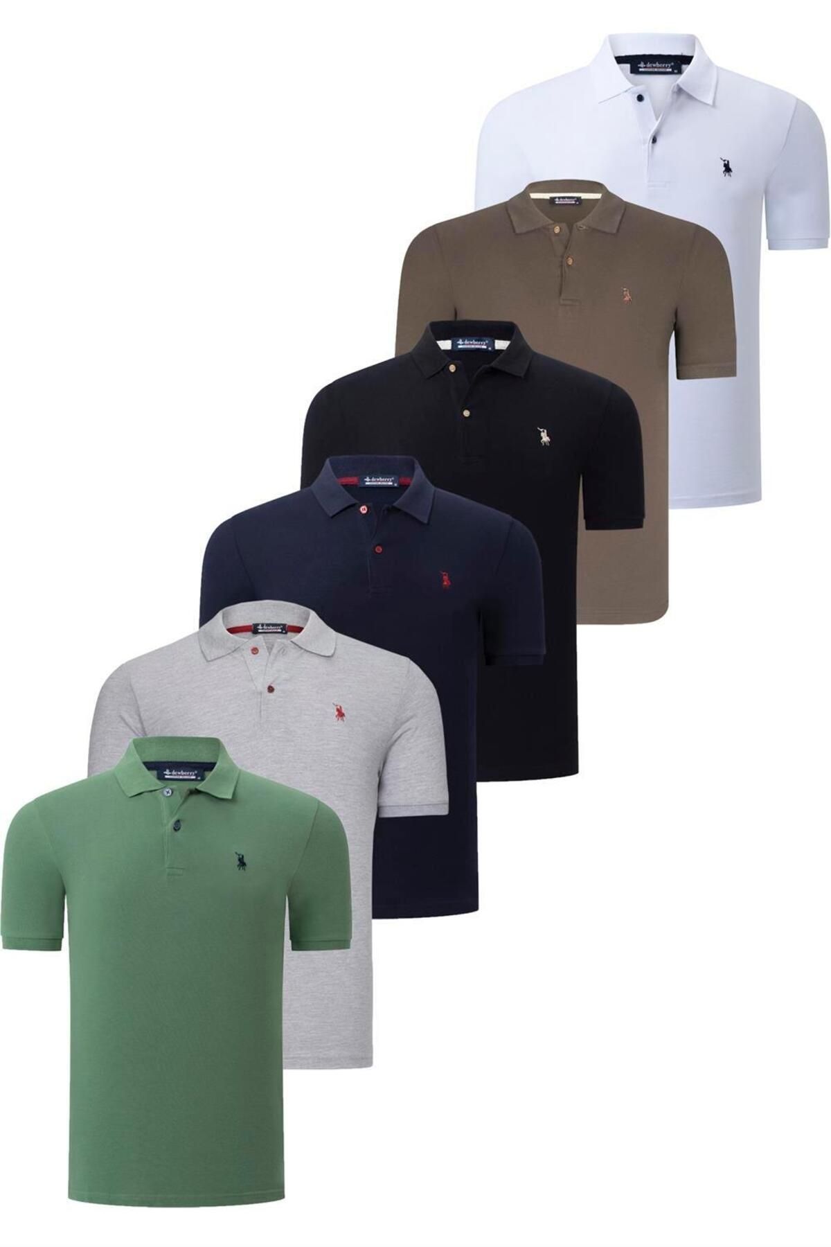 Dewberry ست شش تایی تی شرت مردانه دوبری T8561-مشکی-سفید-آبی تیره-سبز-خاکی روشن-خاکستری