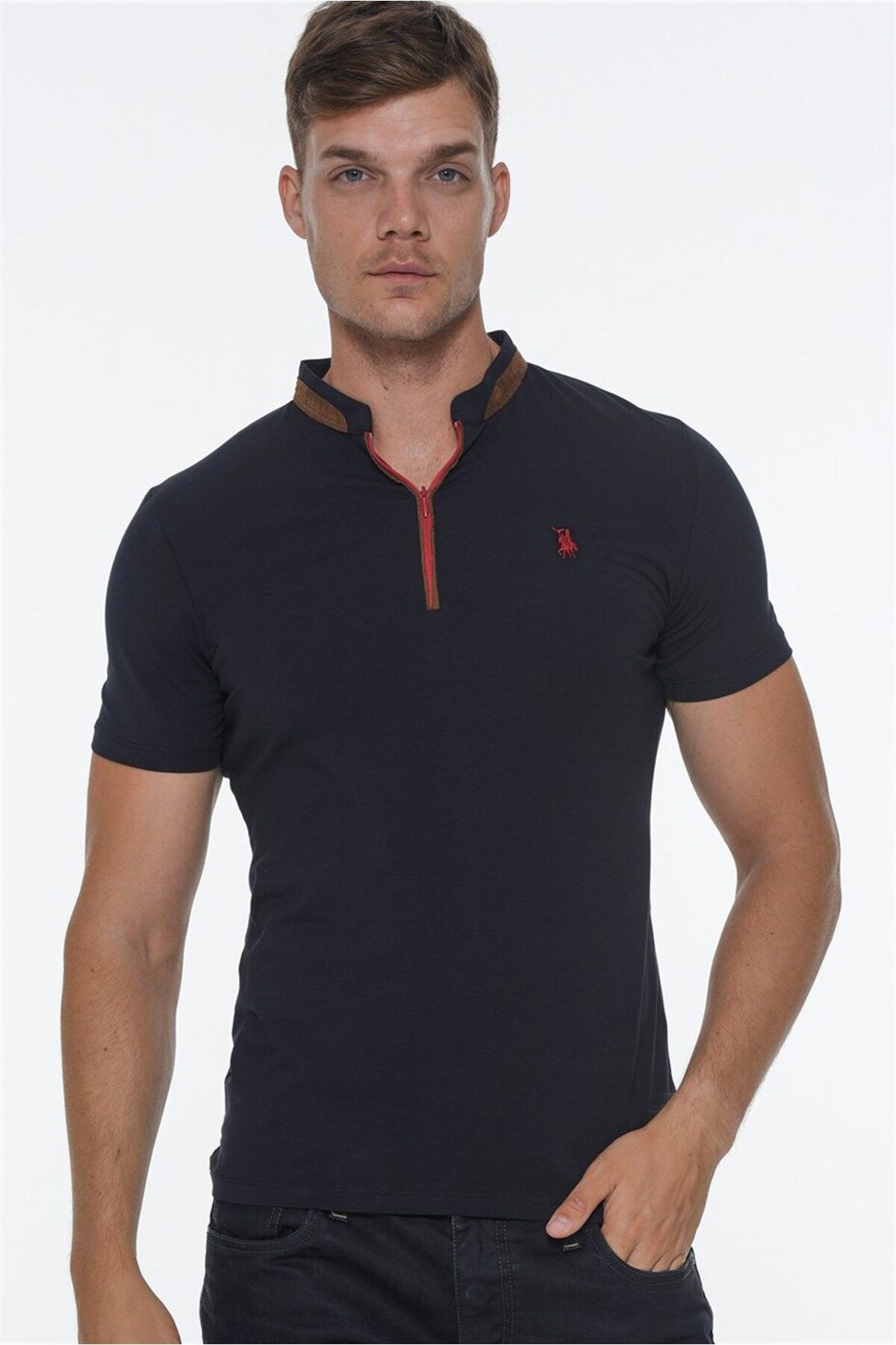 Dewberry ست شش تی شرت مردانه زیپ دار T8571-سفید-مشکی-سرمه ای-آبی آنتراسیت-بورگوندی-خاکی