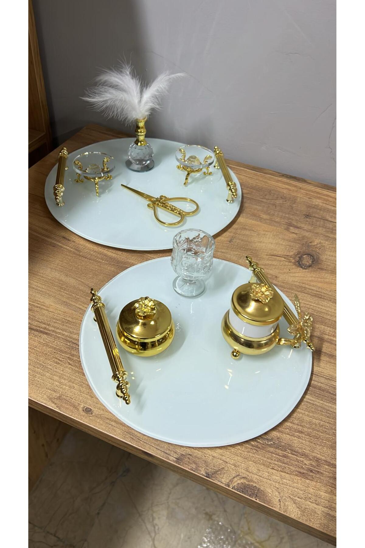 2 Lİ TAKIM BEYAZ CAM GOLD TEPSİ SÖZ NİŞAN VE DAMAT KAHVE FİNCAN SETİ