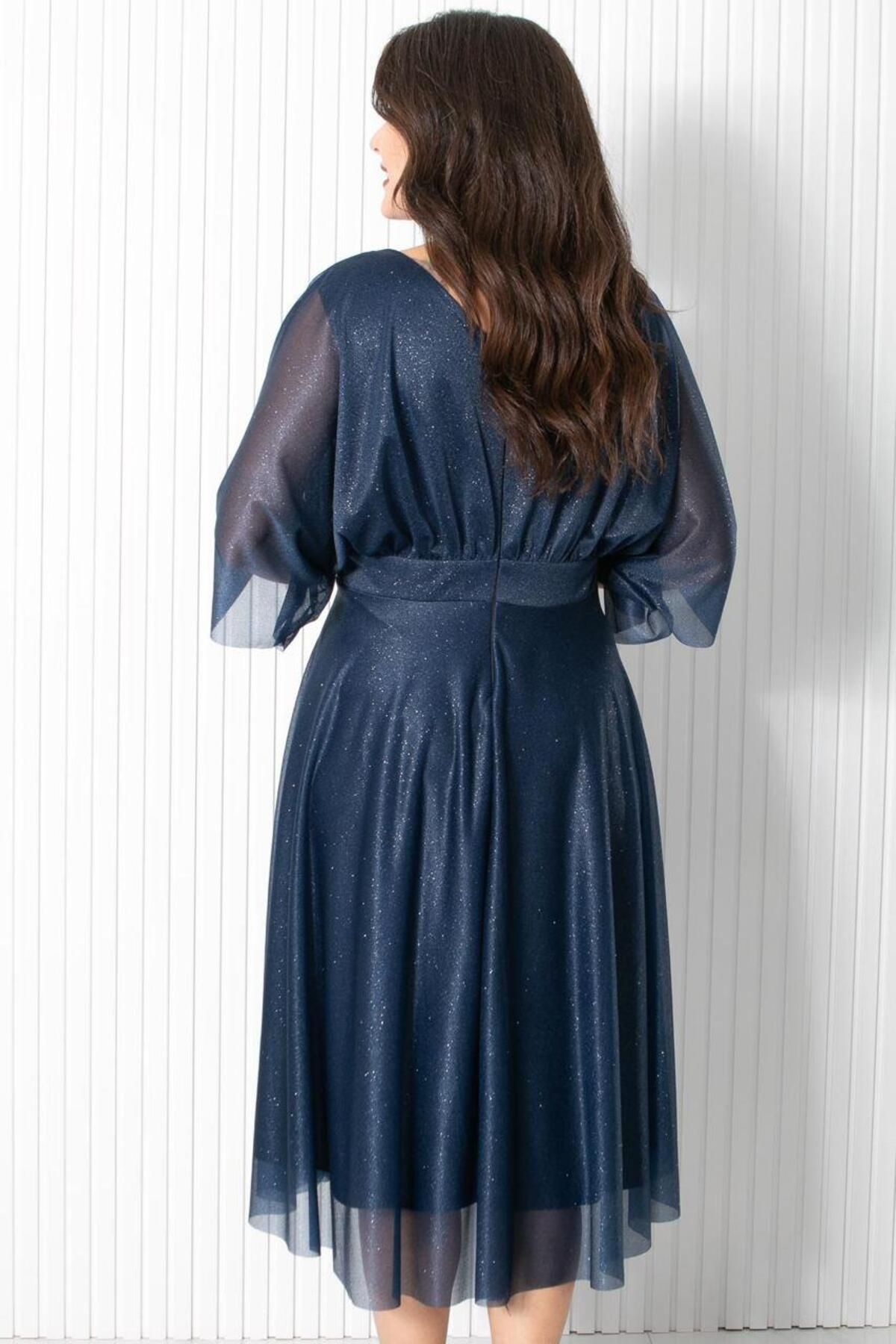 SUBU TASARIM-Rochie de seara din tul cu sclipici bleumarin - Fhm902 5