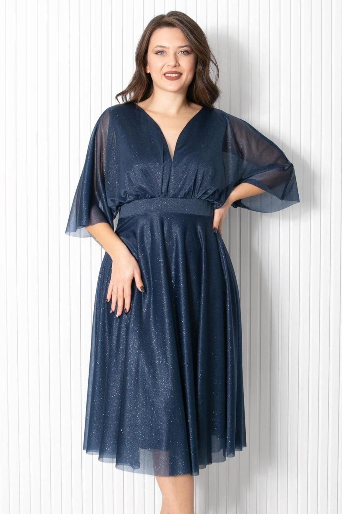 SUBU TASARIM-Rochie de seara din tul cu sclipici bleumarin - Fhm902 3