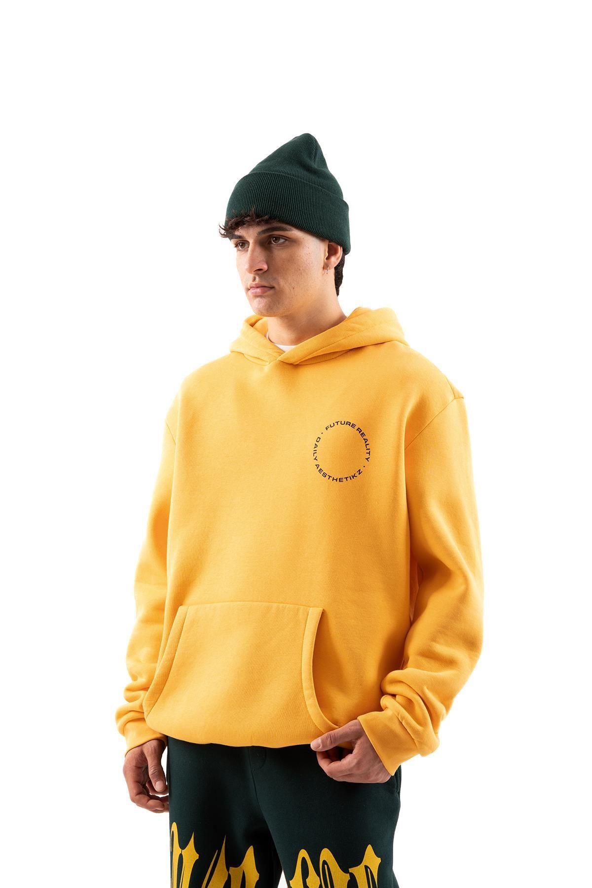 Flaw Wear Future Reality Printed Mustard Oversize Hoodie Trendyol